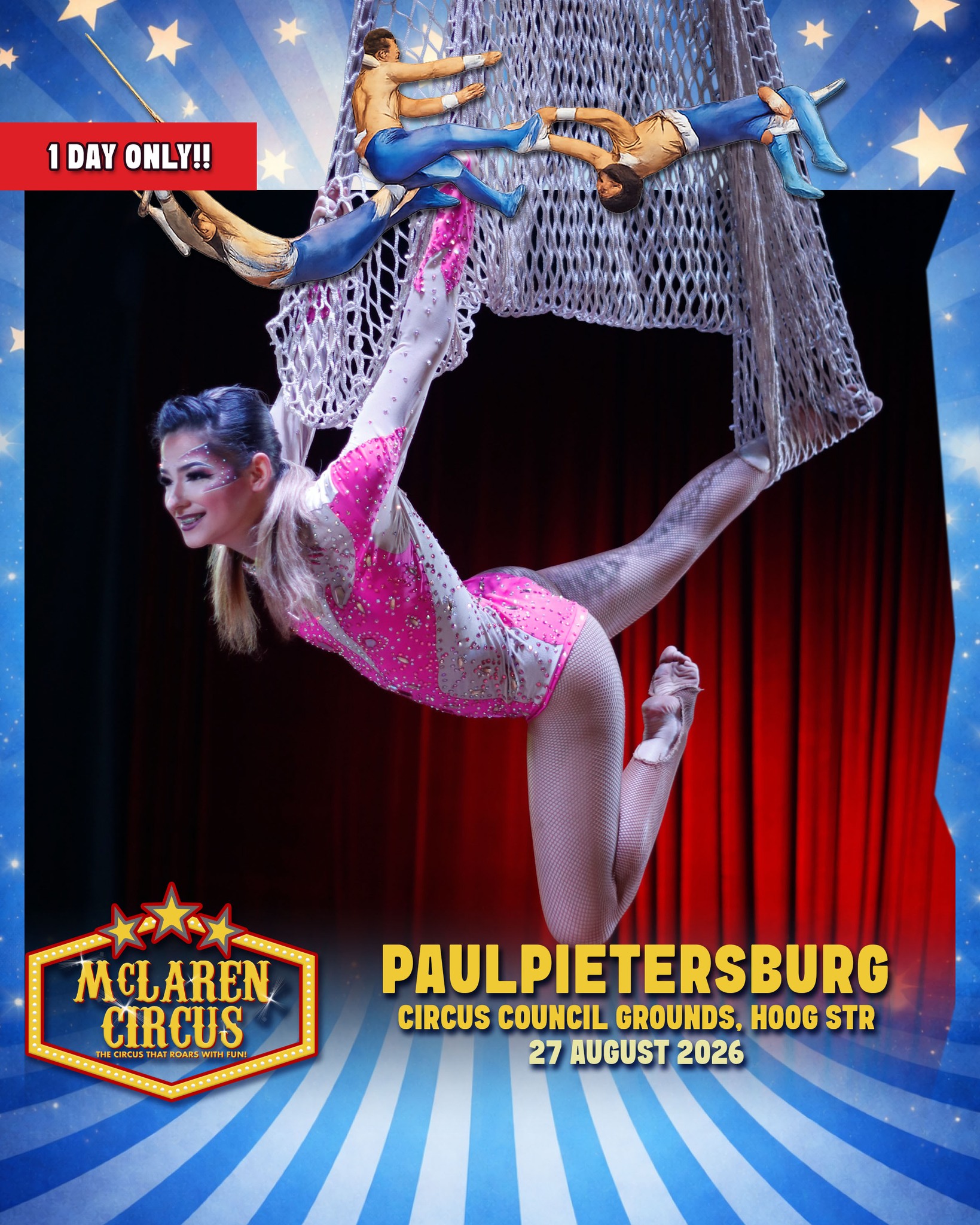 For our FIRST TIME, do NOT miss McLaren Circus, in #PAULPIETERBURG!🎪✨
Experience an unforgettable International Circus Spectacular, packed with thrilling action, breathtaking performances, and timeless circus magic for the whole family.
🗓️ SHOW TIMES:
• Thu, 27 Aug 2026 @ 6 PM
🎟️ Ticket Prices:
Back Chairs R175 | Side Chairs R195 | Raised Chairs R225 | Silver Ringside R250 | Gold Ringside R295
🎪 Ticket Office opens daily at 12 PM on show days
www.mclarencircus.co.za | WHATSAPP: http://wa.me/message/BGE2GJWJ5DLDC1