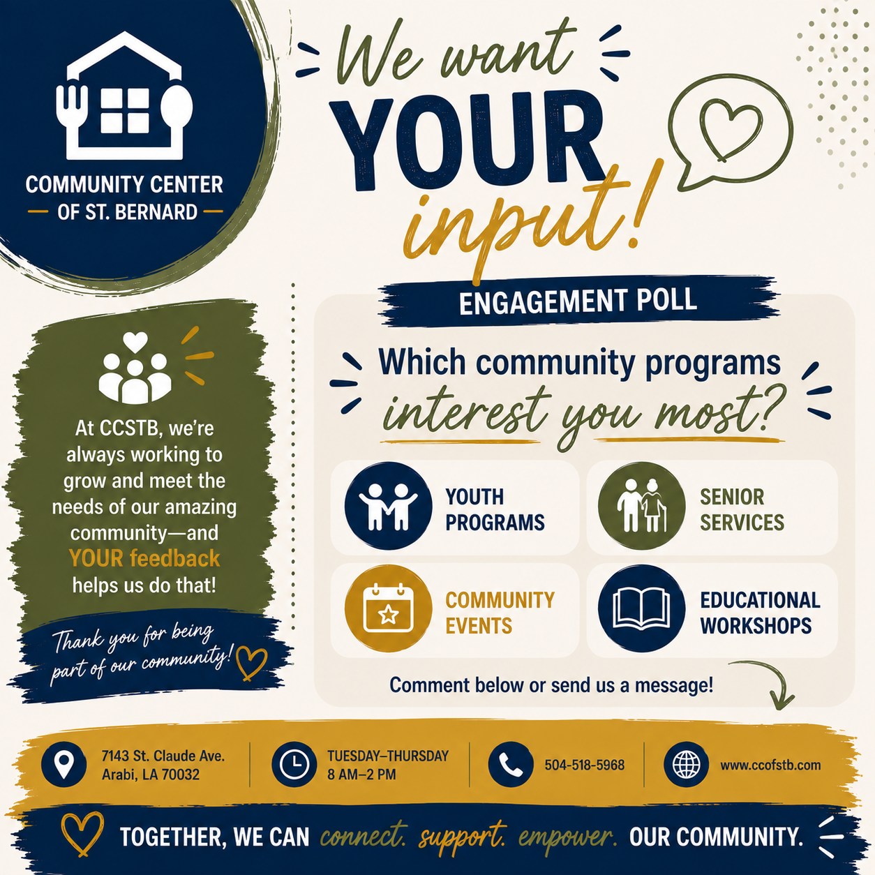 Which community programs would you like to see more of in St. Bernard Parish?
Your feedback helps us learn what matters most to our community. Drop your choice in the comments or send us a message! 💛