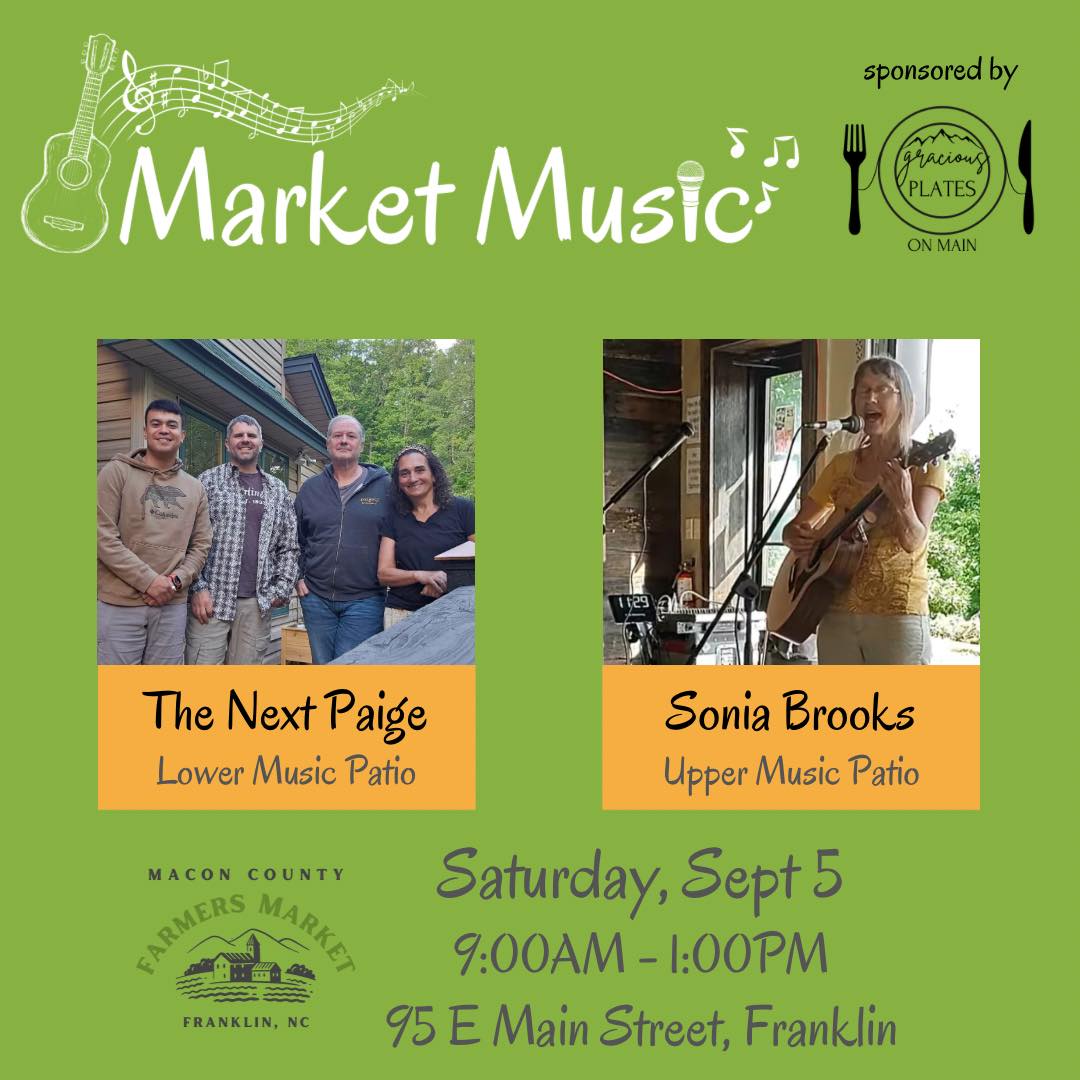 🎶 Come join us this Saturday for great entertainment while you browse more than 40 local vendors ☀️😎
9:00AM - 1:00PM
Town Hall
95 E Main Street, Franklin
Market Music is sponsored by Gracious Plates on Main - the best farm to table dining experience in Western North Carolina 🍽️🙌
.
.
.
#farmersmarketfranklinnc #wncfarmtotable #appalachianproduce #appalachianfarm #maconcountyfarmersmarket #franklinncchamber #franklinnc #franklinncfarmersmarket #experiencefranklinnca