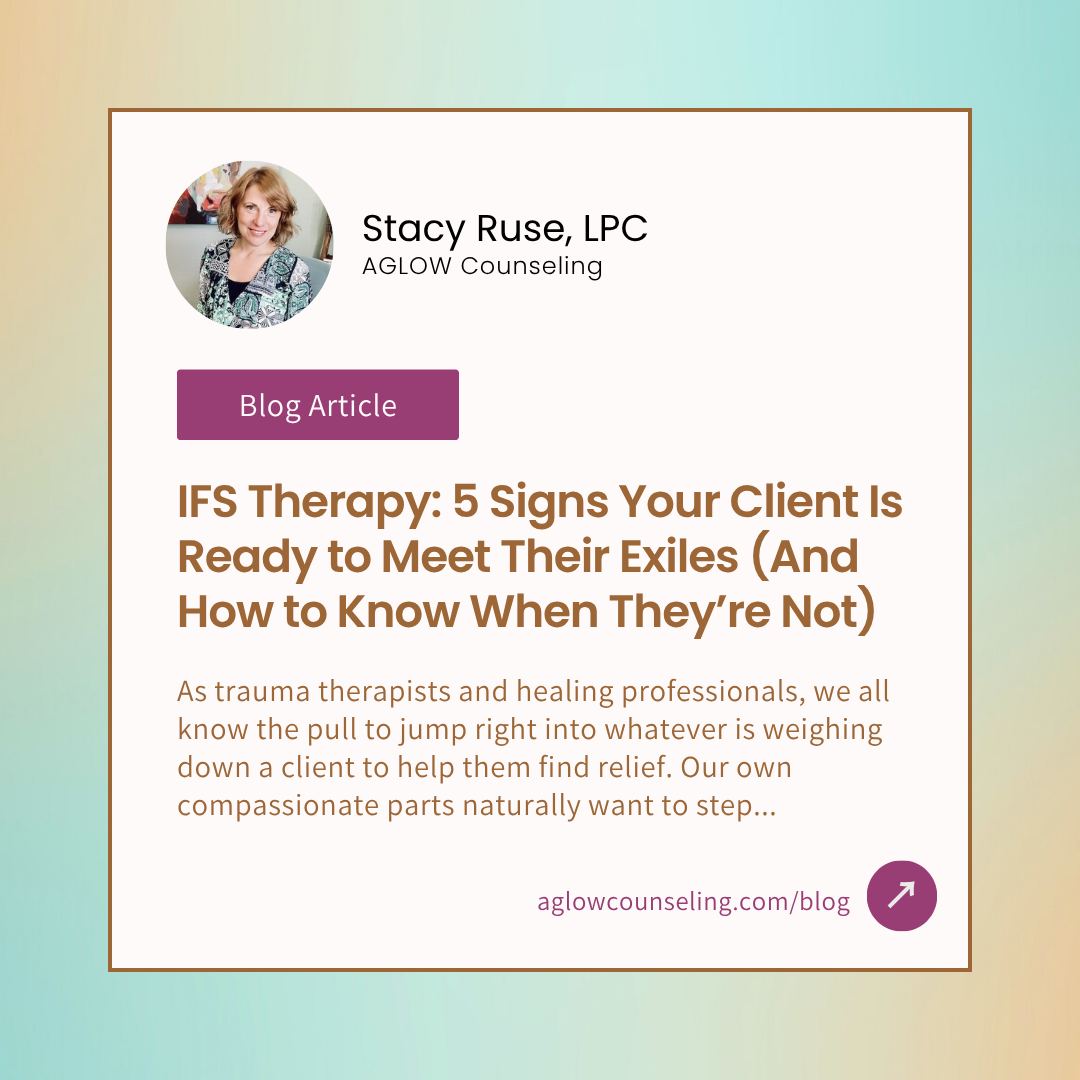 As trauma therapists, our compassionate parts naturally want to step into the center of the storm to help clients find relief. But in IFS therapy, rushing past protective parts to reach wounded exiles creates internal chaos—not faster healing.
Read my latest blog ✨IFS Therapy: 5 Signs Your Client Is Ready to Meet Their Exiles (And How to Know When They’re Not)✨ to explore why knowing when an exile is ready to be witnessed—and when to slow down to build more protector trust—is one of the most sacred clinical skills in trauma recovery.
Link in bio.
#IFS #TraumaTherapy #Psychotherapy #IFSMadeSimple
