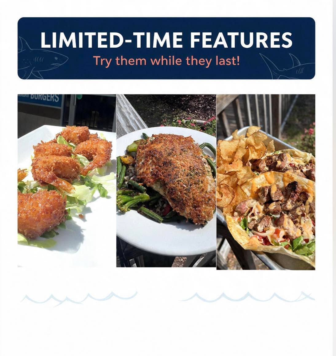 TONIGHT’S FEATURES ARE LOOKING GOOD!
Coconut Shrimp App 🍤
Parmesan Encrusted Grouper 🎣
Steak Tacos 🌮