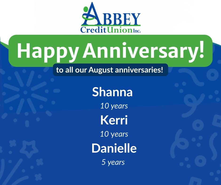 Weโre celebrating some special Abbey anniversaries! ๐๐
Congratulations to Shanna and Kerri on 10 years with Abbey Credit Union and Danielle on 5 years! ๐
Weโre grateful for the time, dedication, and care each of you brings to Abbey and our members. Thank you for being such an important part of Team Abbey, hereโs to many more! ๐ฅณ