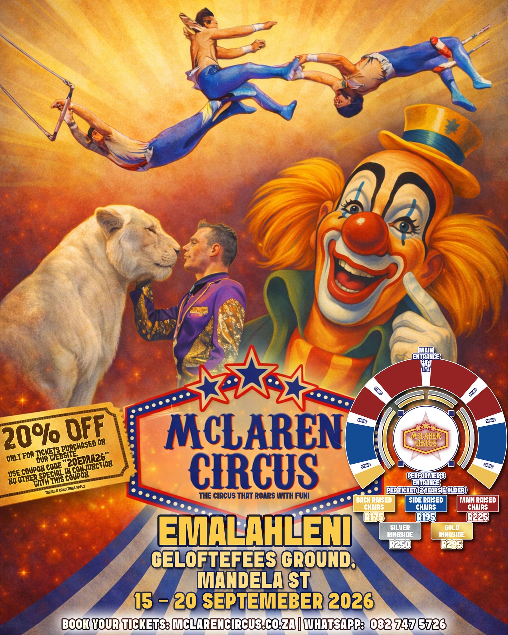 🎉 Special Online Ticket Offer!
🎪 Enjoy 20% OFF your tickets to our spectacular circus show in #EMALAHLENI when you book online today!
🎟️ Use coupon code: 20EMA26
💻 Book now: www.mclarencircus.co.za
Join us under the Big Top for an unforgettable night of excitement, thrills, and classic circus magic.