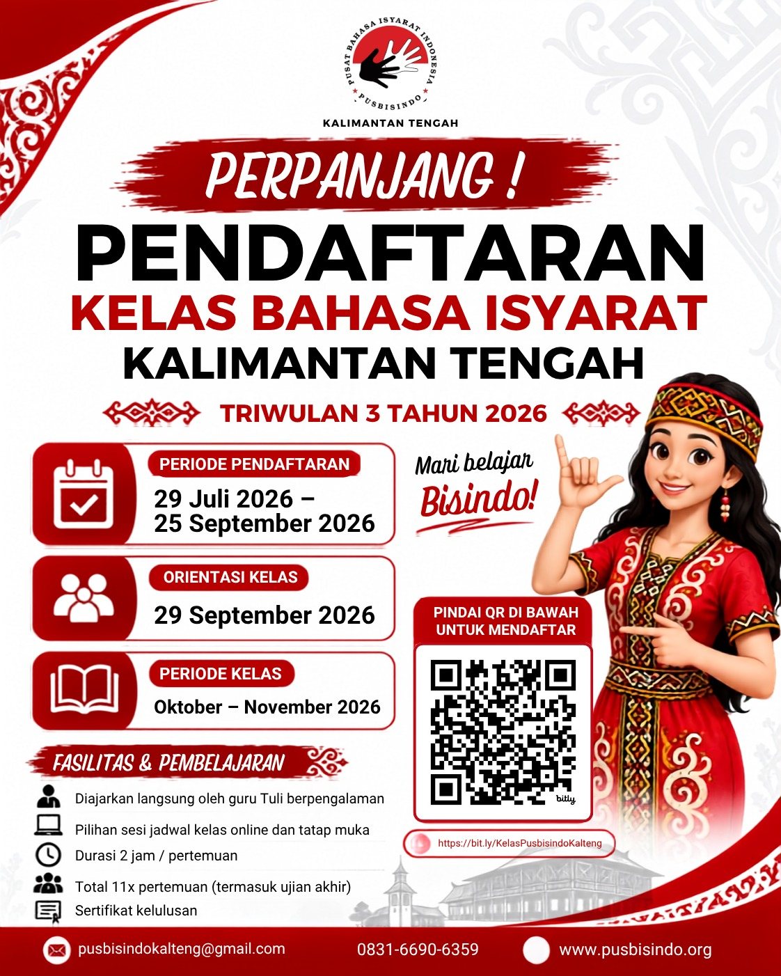 π’ PENDAFTARAN DIPERPANJANG! π€β¨
Yuk, belajar Bahasa Isyarat Indonesia (Bisindo) bersama Pusbisindo Kalimantan Tengah! β€οΈ
Kelas ini terbuka untuk semua kalangan yang ingin belajar bahasa isyarat dan berkomunikasi lebih dekat dengan Teman Tuli.
π
Periode Pendaftaran:
29 Juli β 25 September 2026
ποΈ Orientasi Kelas:
29 September 2026
π Periode Kelas:
Oktober β November 2026
π» Kelas Online
Selasa & Sabtu | 19.00β21.00 WIB
Biaya: Rp480.000
π« Kelas Tatap Muka
Sabtu & Minggu | 15.00β17.00 WIB
Biaya: Rp550.000
π Nice One Coffee Palangka Raya
β¨ Dibimbing langsung oleh guru Tuli berpengalaman
β¨ 11x pertemuan termasuk ujian akhir
β¨ Mendapatkan sertifikat kelulusan
π² Daftar sekarang melalui QR Code atau link yang tertera pada poster.
Mari belajar Bisindo dan bersama-sama membangun komunikasi yang lebih inklusif! π€β€οΈ
#Bisindo #BahasaIsyarat #KelasBahasaIsyarat #BelajarBisindo