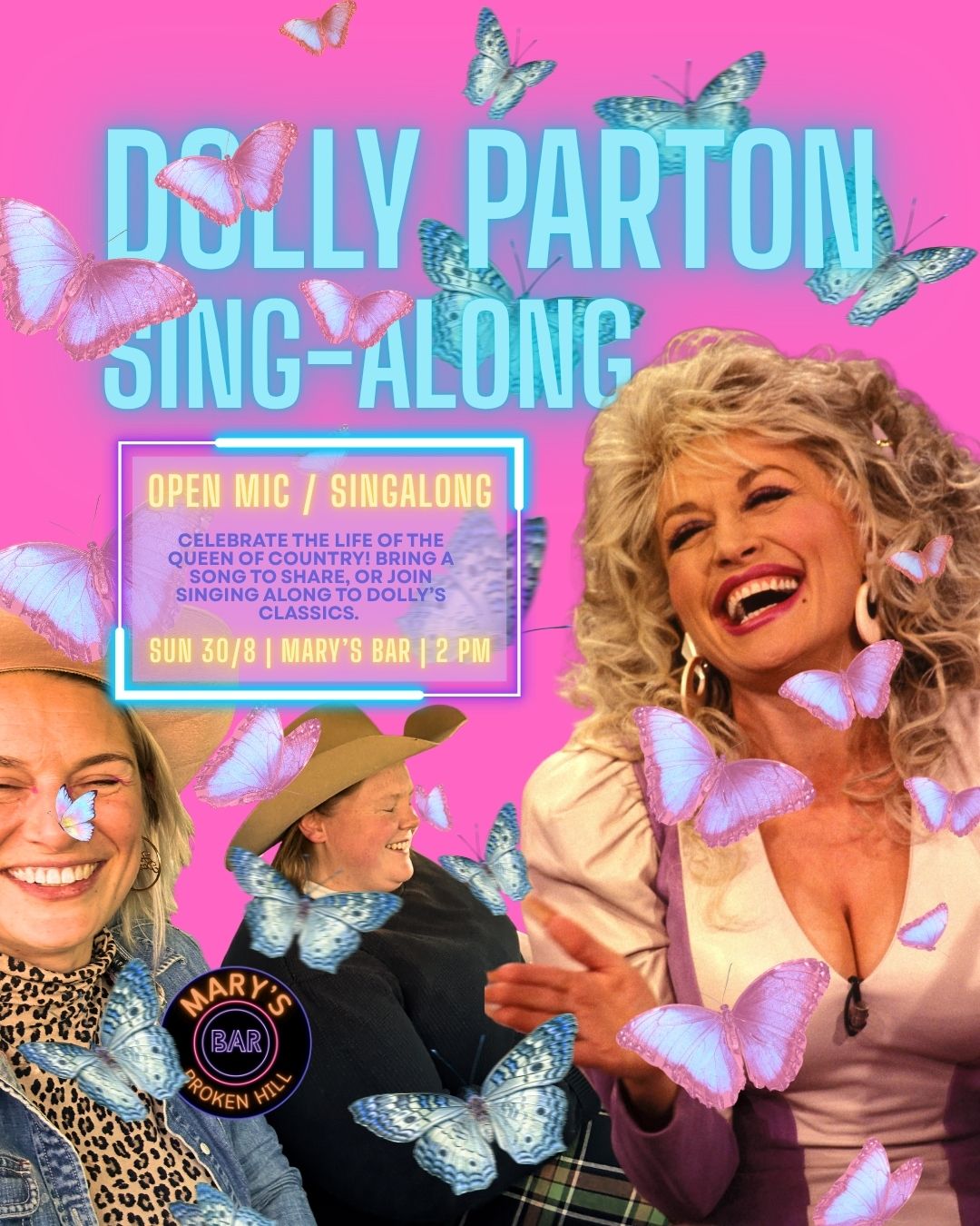 This Sunday, @marysbar.bh Open Mic will have little extra rhinestone! ✨
In honour of the incomparable Dolly Parton, we'll be part open stage, part big ol’ Dolly singalong.
🎤 Bring a song of your own to share
💖 Bust out your favourite Dolly number
🎶 Or just come along, grab a drink and join us for the classics
Hosted by @theaimeev & @_notalice_ , with absolutely no requirement to sound like Dolly, but her spirit of enthusiasm and love for all is strongly encouraged.
SUN 30 | 2PM
Mary’s Bar, Argent St, Broken Hill
#DollyPArton #Wilyakalicountry #BrokenHill #Openmic