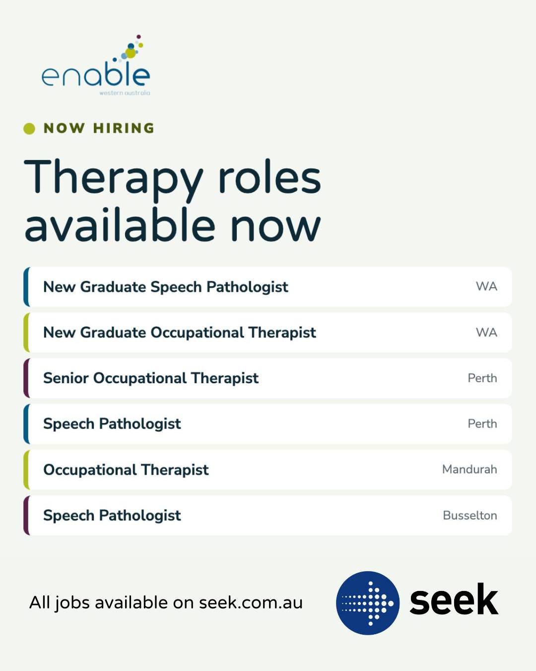 Our therapy team is growing! 🌱
We have positions available for New Graduates as well, so if you're looking to start your career in a Therapy field, this is it!
Roles open right now:
• New Graduate Speech Pathologist — WA
• New Graduate Occupational Therapist — WA
• Senior Occupational Therapist — Perth
• Speech Pathologist — Perth
• Occupational Therapist — Mandurah
• Speech Pathologist — Busselton
Supportive supervision, a genuine new graduate program, and a team that backs each other.
Search the role on SEEK to apply and find out more.
Questions before you apply? We’re happy to have a chat first.
📞 (08) 9792 7500
✉️ therapy@enablewa.org.au
#NowHiring #OccupationalTherapy #SpeechPathology #AlliedHealthJobs #EnableWA #WAJobs