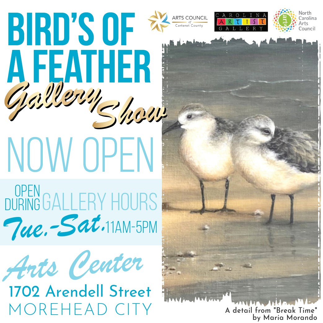 📢 Don't miss it! Our current gallery show, "Bird of a Feather," is going on now! This show brings artist's love and fascination of birds to life in the form of art 🕊️🦅
What: "Birds of a Feather" Gallery Show
When: Open through Saturday, September 19 during Gallery Hours (Tue-Sat 11am-5pm)
More Info: ArtsCouncilCarteret.org/shows
We look forward to seeing you soon!
#artscouncil #artistcall #artopportunities #carteretcountyarts #crystalcoast #artshow #galleryshow