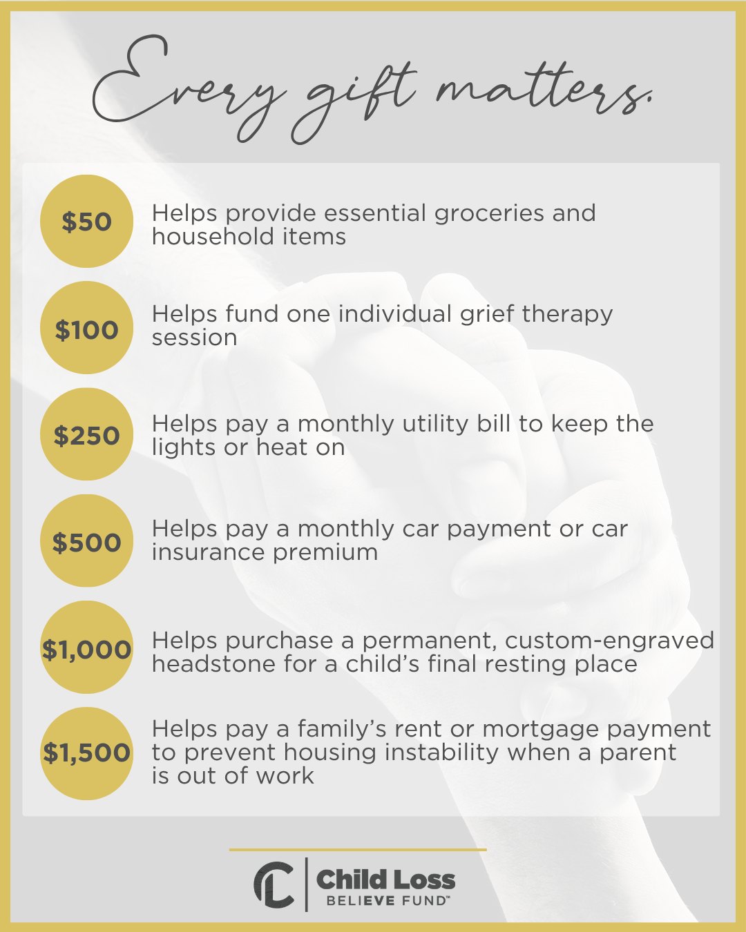Did you know? The BeliEve Fund helps grieving parents with more than just funeral costs. Your gift could mean one less bill to worry about, a safe space to begin healing, or the chance to create a meaningful memorial for their child.
#griefsupport #bereavedparents #donorgift #financialassistance #supportgrievingfamilies