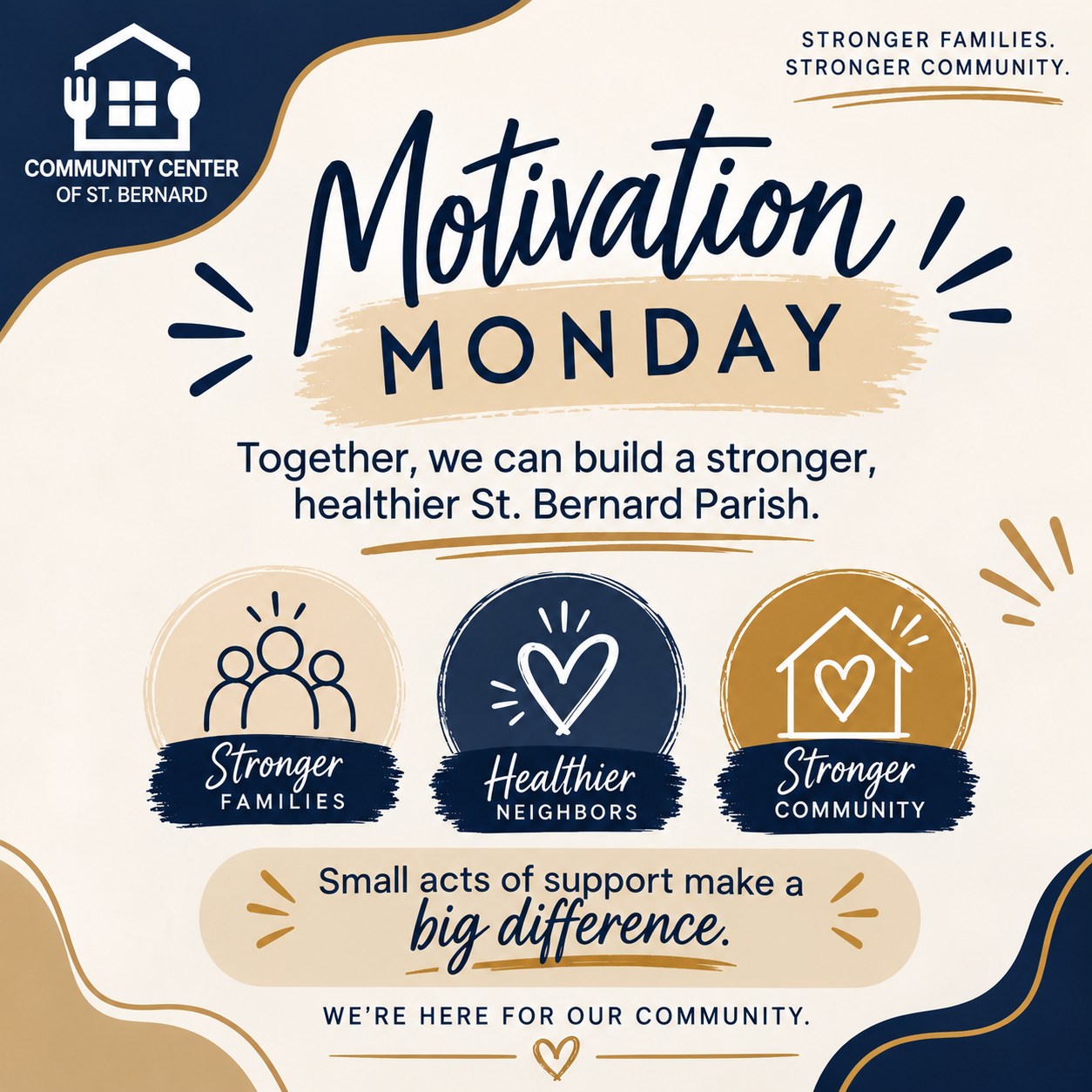 A stronger community starts with all of us. Every act of kindness, support, and connection can make a difference in St. Bernard Parish.
Small steps. Big impact. Stronger together. 💙