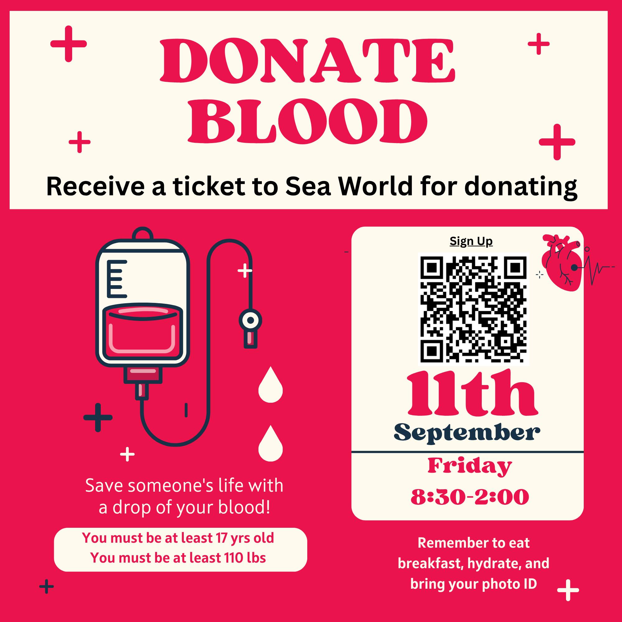 ๐ฉธ Give Blood. Save Lives. Get a SeaWorld Ticket! ๐ข
Steele Canyon is hosting a Blood Drive, and we need donors! Sign up today and help make a difference in our community. โค๏ธ
๐๏ธ All donors will receive a ticket to SeaWorld!
Donor Requirements:
๐ฉธ Must be 17 or older. Donors can be students, parents, staff members, or community members.
๐ฉธ Must weigh at least 110 lbs.
๐ Student athletes should not donate if they have a game or practice that day.
๐ Sign up here:
https://www.mysdbb.org/donor/schedules/drive_schedule/89910
Please sign up and help us fill every appointment! โค๏ธ