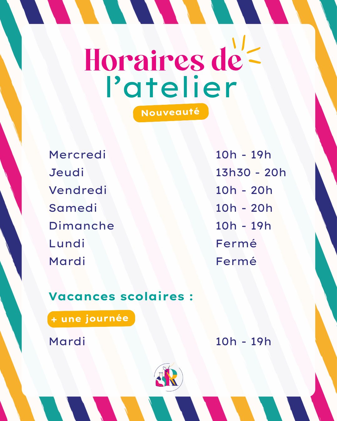 NOUVEAUX HORAIRES ✨
À partir de septembre, on adapte nos horaires avec une petite nouveauté cette année 👀
Pendant les vacances scolaires, nous serons aussi ouvertes le mardi ! 🥳
De quoi profiter encore davantage de nos ateliers pour créer🫶
📌 Pense à enregistrer ce post pour garder nos horaires sous la main ! 😉
#LesRécréatives #Tours #AteliersCréatifs #LoisirsCréatifs #Créativité #ToursMaville #cafécéramique #activité