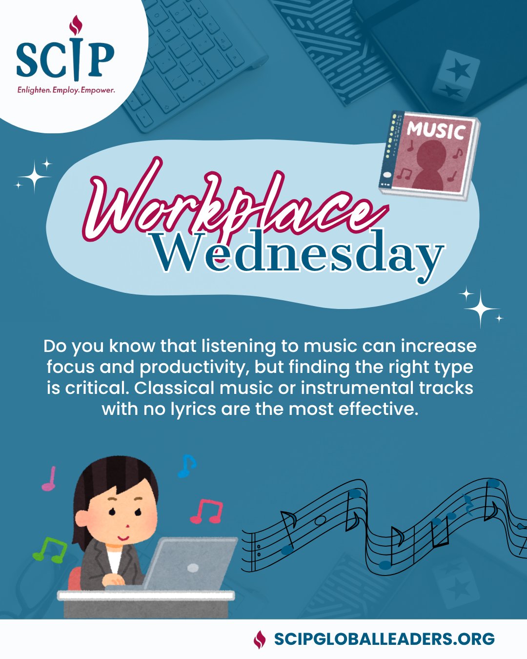 Happy #WorkplaceWednesday! πΆ
Boost your productivity with the right tunes! Did you know that classical music or instrumental tracks can help improve focus in the workplace?
Follow @scipleaders on Instagram and Facebook to learn more workplace fun facts!
#SCIP #workplace #productivity #ProductivityTips #FocusMusic