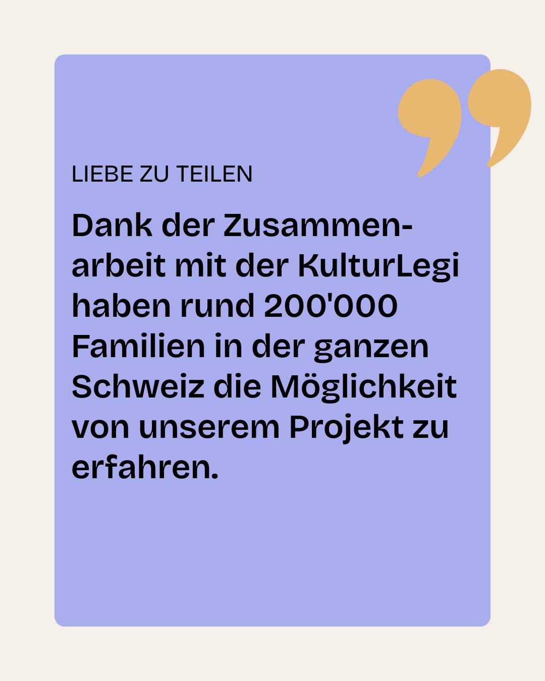 Solche Partnerschaften machen es möglich, dass unsere Spielzeugbörse genau die Familien erreicht, die sie am meisten brauchen.
Und wir sind super stolz darauf, Teil des KulturLegi-Angebots zu sein.✨