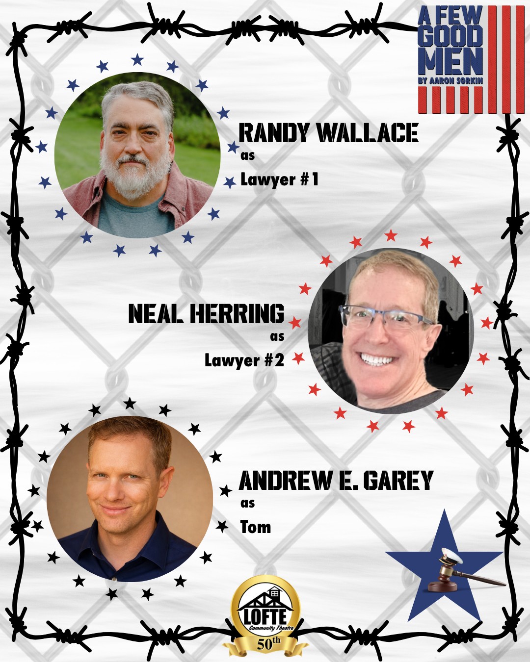 We are delighted to share some of the cast of our upcoming production of "A Few Good Men." Here we have Randy Wallace as Lawyer #1 and Neal Herring as Lawyer #2, as well as Andrew E. Garey as Tom. To see this wonderful production, get your tickets at lofte.org/tickets or call 402-234-2553. To read more about these performers and our entire cast, please see our program.
Randy is happy to be back at the Lofte and is a veteran of over 40 local productions since starting with The Producers here in 2013. In 2026, he has waited for a train in Regrets (Omaha Fringe Festival), sang in the chorus for Disney’s The Hunchback of Notre Dame (Papillion Community Theatre), and blew things up in You Can’t Take It With You (Lofte). Other favorites include Something Rotten, Miracle on 34th Street, It’s a Wonderful Life, Hello, Dolly!, On Golden Pond, Diary of Anne Frank, Parade, and Spamalot, to name just a few.
Neal is excited and honored to be a part of the Lofte's 50th anniversary season and celebration. This marks his 10th production since becoming a “Born-in-a-Barn” player. Favorite shows include Harvey, Moon Over Buffalo, Rumors, Making God Laugh, and Noises Off. He has performed in other theaters in the Omaha area for several years. However, Neal started his theatrical adventures as a youth in Texas, specializing in Musical and Comedy Theater. Neal is very proud to be a father of three wonderful children and their spouses, and grandfather to two precious grandsons. Neal truly appreciates the love and support of the Lofte Community, his family, and many friends!
Andrew is happy to bring his 23 years of military experience to this production. This will be his first production with the theater. He currently works for the US Army Reserve as a civilian and is a Major in the Army Reserves. He enjoys spending time with his veteran Lofte actress, Madison, and his five children, Conner, Delaney, June, John, and Lee. His hobbies are reading, exercising, and playing video games.
For information about our entire cast and crew, please see our program. We suggest considering this show rated R due to strong adult language and depictions of violence.