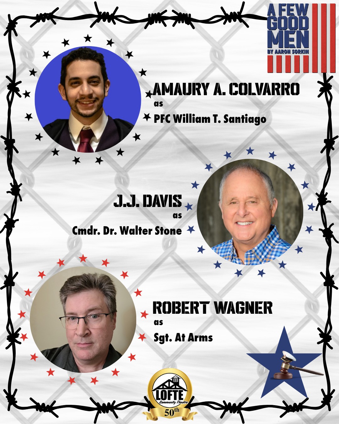 We are pleased to share some of the cast of our upcoming production of "A Few Good Men." Here we have Amaury A. Colvarro as PFC William T. Santiago, J.J. Davis as Cmdr. Dr. Walter Stone, and Robert Wagner as Sgt. At Arms. To see this outstanding production, get your tickets at lofte.org/tickets or call 402-234-2553. To read more about these performers and our entire cast, please see our program.
Amaury is coming back to the stage after 17 years! His last performance was in a high school production of *Fame* during his senior year in NY. Amaury also enjoys Dungeons and Dragons, video games, and cooking! Amaury currently works part-time at NFM and is pursuing a 2nd bachelor’s degree at UNO in computer science. Amaury loves his cats, friends, and especially his wife Samantha. If it weren't for her, he would literally be in a different place. Samantha is the inspiration, light, and fire for Amaury, and he’s so grateful that he met her and her world.
J.J. is a veteran of the Lofte stage. He is honored to represent this “small jewel in SE Nebraska”, as he calls it. He continues to sing the praises of Artistic Director Kevin Colbert, “the best Actor in the Room,” as JJ has always said. Mr. Davis would also like to thank his wife of 36 years, Joan Davis, along with their three children, for encouraging him to pursue one of his passions. “Victory is in the attempt,” JJ has been known to say.
Robert has appeared in numerous shows since coming back to the theater in 2021 after a 31-year hiatus. Some of his recent appearances are The Grand Poobah in Cassidy Croft and the Lost Treasure of Jesse James (2026) at the Florentine Players, Peter Bailey in It's a Wonderful Life (2024), and Harry Pepper in Barefoot in the Park (2024) at Bellevue Little Theatre.He attends the 402 Arts Collective: Acting Exploration class taught by Steve Hydeen. He is a Software Quality Assurance Analyst by trade and served three years in the US Army as an Armored Cavalry Scout.
For information about our entire cast and crew, please see our program. We suggest considering this show rated R due to strong adult language and depictions of violence.