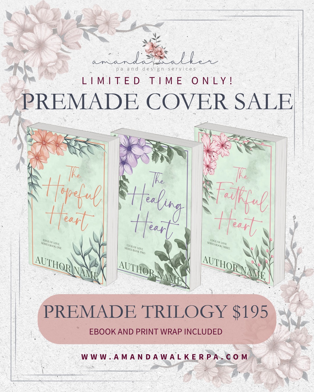 ๐ PREMADE COVER FLASH SALE ๐
๐ธ Premade Covers โ $65 each
๐ธ Ebook + full print wrap included
๐ธ Title, author name, tagline & basic font/color changes included
๐ธ Each design is exclusive and once itโs claimed, itโs gone!
๐ธ No expiration on when you must use them
Dark romance. Mafia. Contemporary. Sports romance. Romantic suspense. Sweet, spicy, angsty and everything in between.
Already have a future book in mind? You can claim your cover now and hold onto it until you're ready for formatting.
๐ Browse available covers at www.AmandaWalkerPA.com
๐ DM me with the cover/design you'd like to claim.
Limited time only. Once theyโre gone, theyโre gone.
#PremadeBookCovers #BookCoverDesign #RomanceAuthor #IndieAuthor #RomanceBookCover #AuthorServices #IndiePublishing #SelfPublishedAuthor #BookCoverDesigner