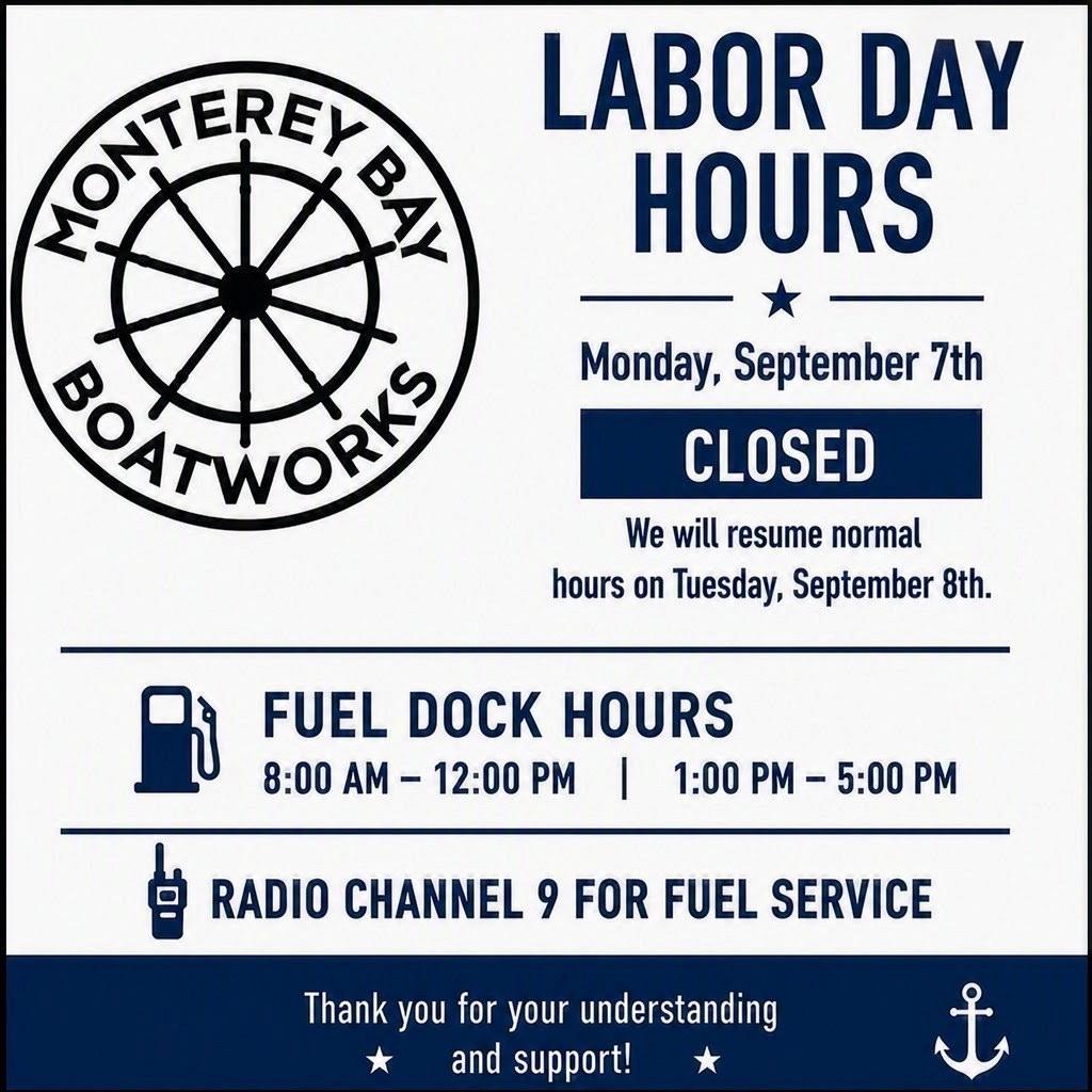 The Breakwater Cove Marina office will be closed on Monday September 7th, resuming normal hours on Tuesday September 8th.
The Fuel Dock is OPEN: 8am-12pm, 1pm-5pm. radio channel 9 for Fuel Service.
#LaborDay #Breakwater #Boatworks #HolidayHours #Monterey