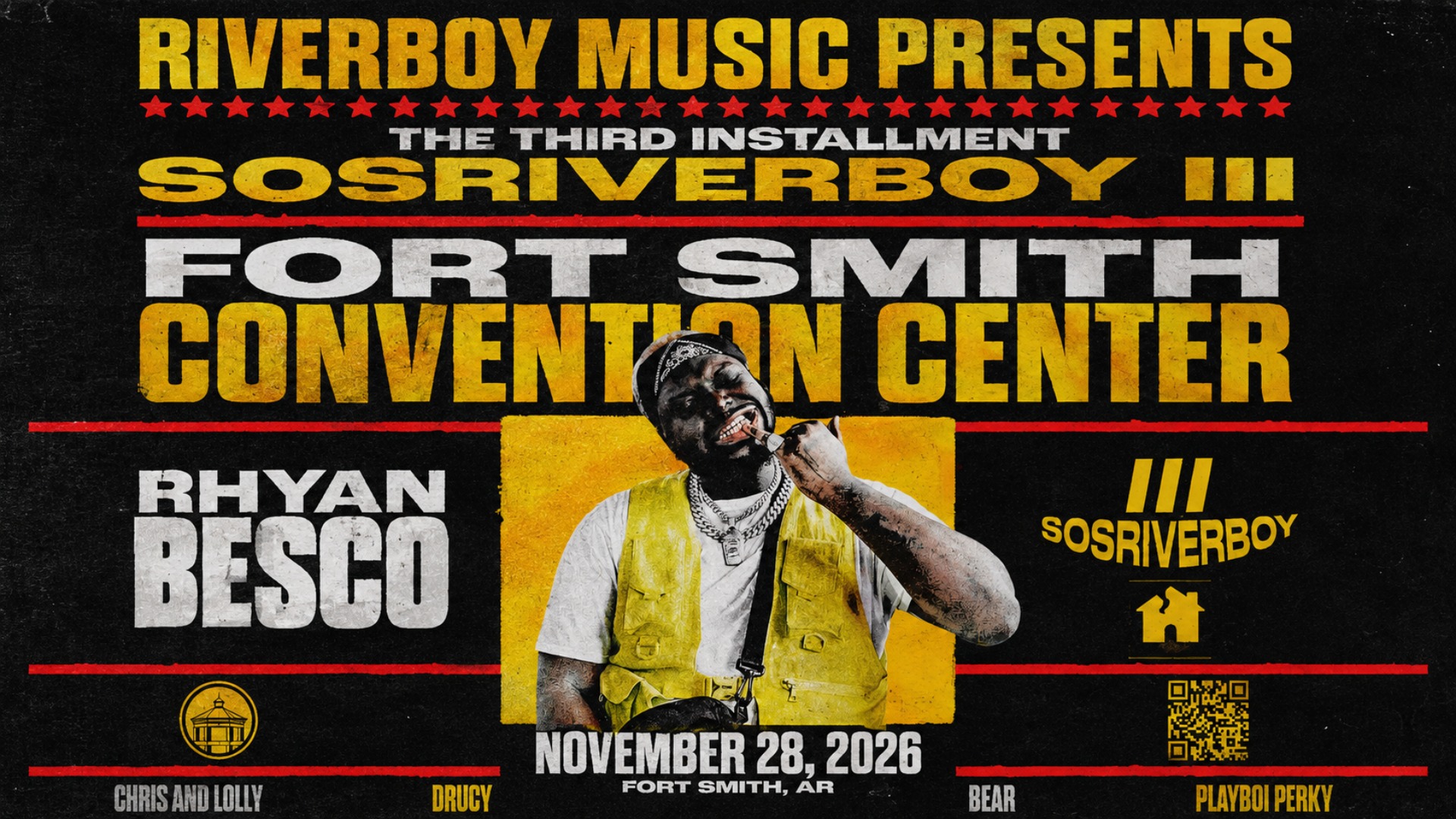 🎟️ TICKETS ARE ON SALE NOW!
https://www.ticketmaster.com/event/1B006519674F2B17
SOSRIVERBOY III is taking over the Fort Smith Convention Center on Saturday, November 28!
Headlined by Rhyan Besco and featuring some of Arkansas’ brightest up-and-coming talent, the third installment of SOSRIVERBOY is bringing a full night of live music, culture and entertainment to Fort Smith.
🎤 Live performances
🎮 Arcade games
🤝 Friendship bracelet stations
🖋️ Tattoo booths
🛍️ Vendors
➕ And more!
📅 November 28, 2026
📍 Fort Smith Convention Center
🎟️ Tickets are ON SALE NOW!
Grab yours and make plans to be part of SOSRIVERBOY III!