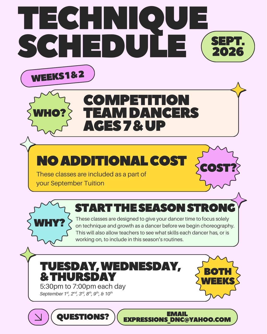 Hey Competition Team Dancers!
Reminder to join us over the next 2 weeks for some technique classes before the season officially begins September 14th.
We hope to see you all there!