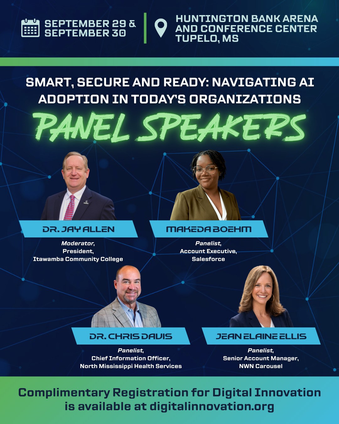 We’re excited to announce the panel speakers for “Smart, Secure and Ready: Navigating AI Adoption in Today’s Organizations.”
This conversation will bring together industry perspectives on what it takes to adopt AI thoughtfully—from embracing new opportunities and improving efficiency to addressing security, risk, and the challenges that come with rapidly evolving technology.
Tag someone who’s navigating AI adoption in their organization and visit digitalinnovation.org to learn more about the panel and this year’s event.
📆 September 29–30
📍 Huntington Bank Conference Center
-
#DigitalInnovation #DigitalInnovationMS #Innovate2026 #MyTupelo #NorthMississippi #TupeloMS #CyberSecurity #ArtificalIntelligence #TechSolutions #TechConference #FutureOfTech #TechInnovation #AIPanelDiscussion #AIAdoption #ResponsibleAI #SecureInnovation
