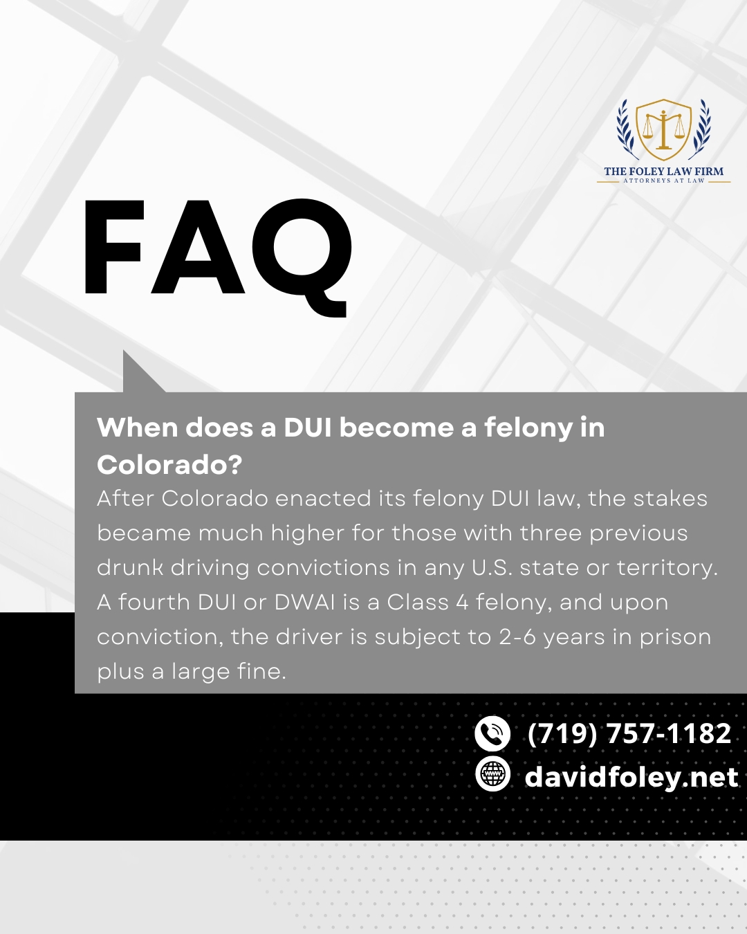 The stakes are higher than ever for felony DUI charges. 🚗⚖️
In Colorado, a fourth DUI or DWAI offense is charged as a Class 4 felony, carrying a potential sentence of 2 to 6 years in prison. When facing severe legal consequences, you need an aggressive defense team that will fight to protect your freedom.
Don't wait to defend your future. Visit davidfoley.net or call (719) 757-1182 today.
#thefoleylawfirm #coloradosprings