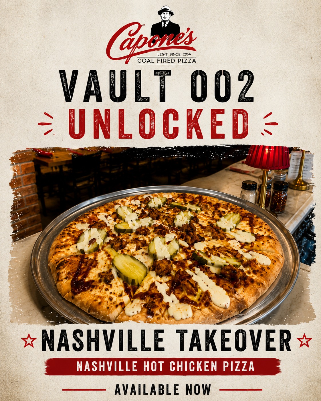 VAULT 002 is officially busted open! 🔓🍕 Meet the **Nashville Takeover** — aka the reason you'll be skipping leg day for crispy Nashville hot chicken, mozzarella, dill pickles, hot chicken glaze + ranch drizzle. Available only this Thursday at Capone’s, because priorities 🌶️
If you want it back, comment below 🫶🏻