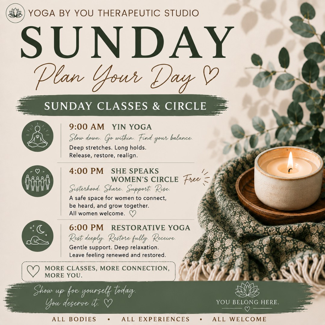 Sunday is your reminder that you don't have to wait until you're completely fried to slow down. 🌿
Before Monday comes knocking, give yourself a little space to breathe.
Sunday at Yoga By You:
🌙 9:00 AM | Yin Yoga
Slow, deep, quiet movement to create space in the body and settle the mind.
💜 4:00 PM | She Speaks Women's Circle | FREE
A space for women to gather, connect, share, listen, and simply be together.
🕯️ 6:00 PM | Restorative Yoga
Supported poses, deep rest, and the perfect soft landing before a new week begins.
You don't need to spend Sunday preparing to survive Monday.
You can spend Sunday actually enjoying Sunday. 🤍