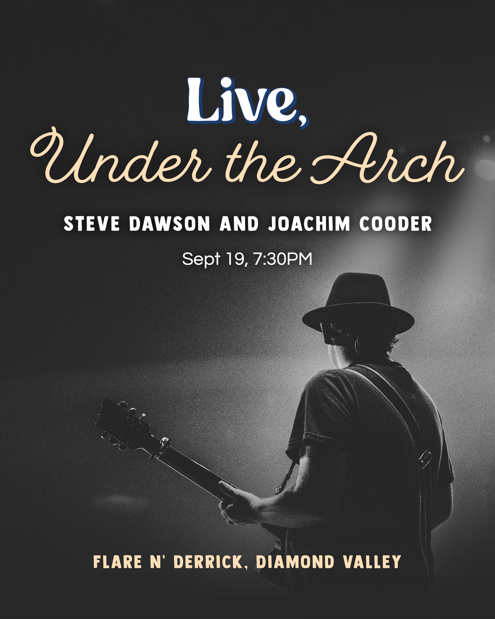 Good music, small room, big feeling. September 19, 7:30 p.m., Flare n' Derrick, Diamond Valley Steve Dawson and Joachim Cooder, live beneath the arch.
Link in bio for more details.