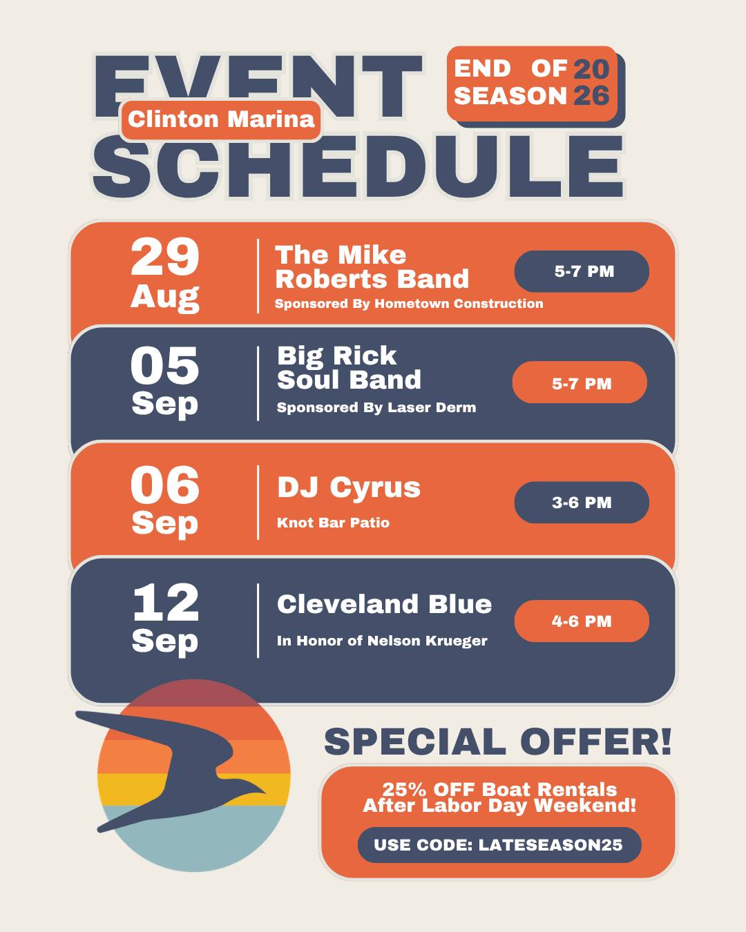 Summer isn’t over just yet! ☀️ We’re wrapping up another great season at Clinton Marina with a few more weekends of live music, lake days, and time on the patio!
And after Labor Day Weekend, keep the lake days going with 25% off boat rentals using code LATESEASON25. 🚤 There’s still plenty of summer left to enjoy!