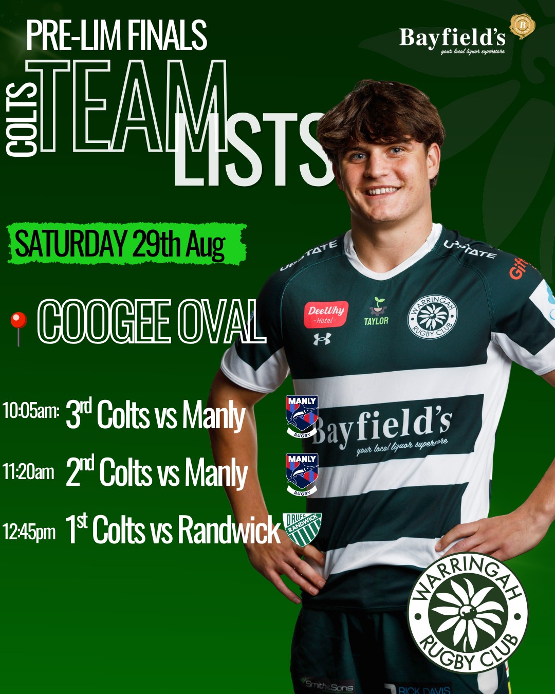 πTEAM LISTS ARE OUT π
PRE LIMINARY FINALS TIME! With 6 teams still in the fight for a spot on Grand Final Day!!
Its a huge weekend of Footy
If you're on the other side of the bridge - get behind our Colts - all 3 teams through!
SATURDAY
π1st Colts 12:45pm vs Randwick @ Coogee Oval
π2nd Colts 11:20am vs Manly @ Coogee Oval
π3rd Colts 10:05 am vs Manly @ Coogee Oval
and then get back home for 1st Grade!
So, get around the boys on Saturday AND Sunday at Rat Park and FILL THE HILL !!!
Let's Go Ratties! π’βͺοΈπ πͺ
@friendsofwarringah @warringahratsjuniors @warringahhillbillies #shuteshield
#ratfamily #raturday #warringahrugby
