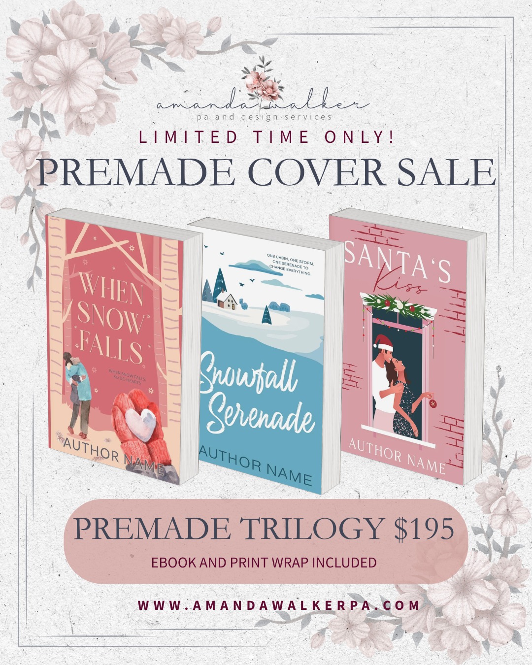 ๐ PREMADE COVER FLASH SALE ๐
๐ธ Premade Covers โ $65 each
๐ธ Ebook + full print wrap included
๐ธ Title, author name, tagline & basic font/color changes included
๐ธ Each design is exclusive and once itโs claimed, itโs gone!
๐ธ No expiration on when you must use them
Dark romance. Mafia. Contemporary. Sports romance. Romantic suspense. Sweet, spicy, angsty and everything in between.
Already have a future book in mind? You can claim your cover now and hold onto it until you're ready for formatting.
๐ Browse available covers at www.AmandaWalkerPA.com
๐ DM me with the cover/design you'd like to claim.
Limited time only. Once theyโre gone, theyโre gone.
#PremadeBookCovers #BookCoverDesign #RomanceAuthor #IndieAuthor #RomanceBookCover #AuthorServices #IndiePublishing #SelfPublishedAuthor #BookCoverDesigner