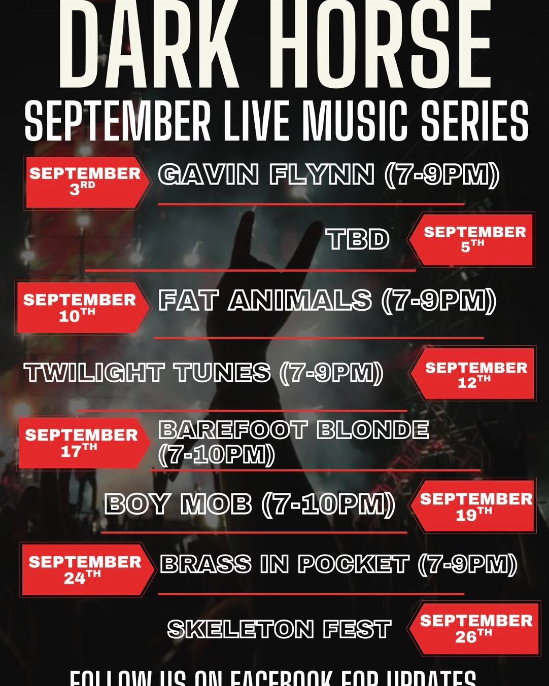 Announcing our September live music series!
Come join us every Thursday and Saturday for some amazing live music. This month is gonna be a big one here at the brewery!
Please note that September 5th night turn into no live music because of Labor Day weekend- stay tuned on our page for updates!
#DarkHorseBrewing #MarshallMI #MichiganLiveMusic #MichiganCraftBeer
#ThingsToDoInMichigan