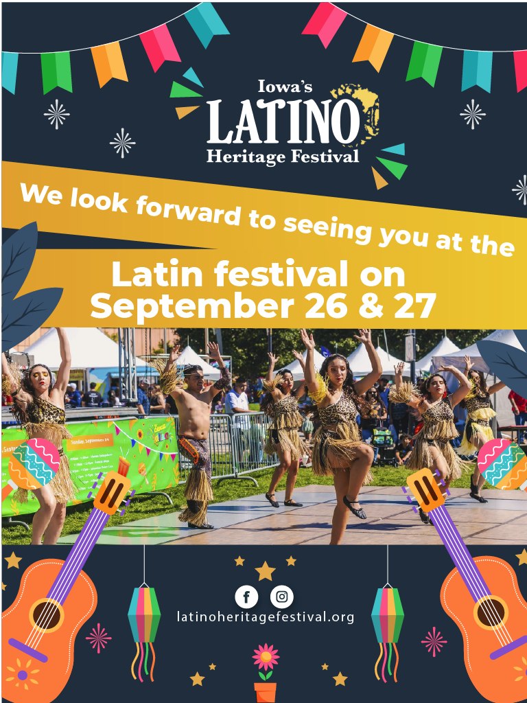 Iowa Latino Heritage Festival 2026 ๐ฅณ
๐ SAVE THE DATE ๐
๐ Date:
Saturday, September 26 from 10 a.m. to 11 p.m.
Sunday, September 27 from 10 a.m. to 6 pm.
๐ Place:
Western Gateway Park in downtown Des Moines
๐ FREE Parking:
Free parking is available courtesy of Nationwide at the Nationwide ramp at 1100 Walnut Street.
๐๏ธ Ticket price:
$5 for adults and FREE for children under 12
#IowaFestivals #FestivalLatino #hispanic #Latinocommunity #LatinX #Latinoamerica #Iowa #LatinoHeritageFestival
