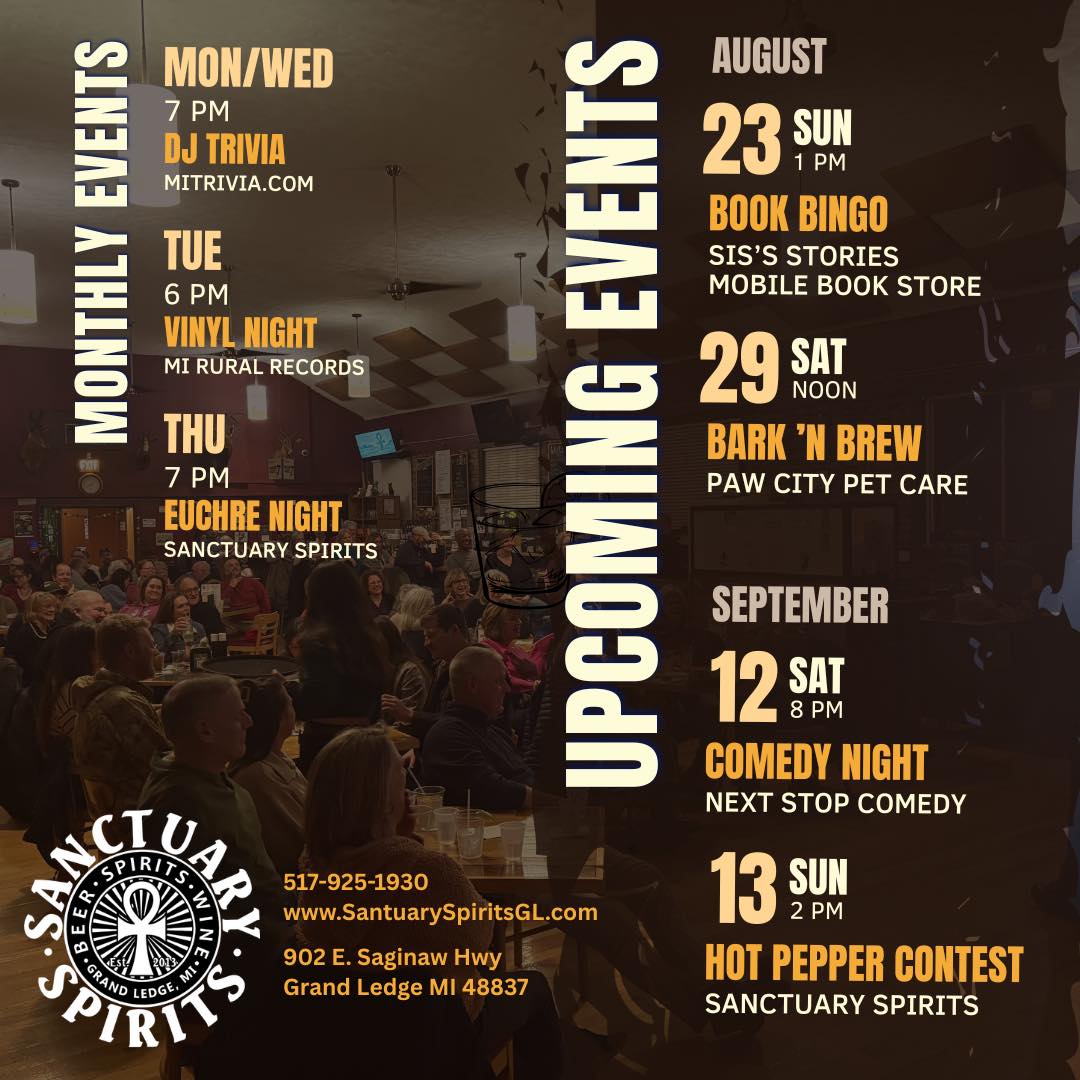🐶🐾🐶 Check out all of the fun things happening at Sanctuary Spirits!
As always trivia Monday and Wednesday at 7:00 pm. Thursday Euchre tournaments and Tuesday vinyl night.
🎉Join us this Saturday 12-6 for our summer BARK N BREW 🐾 celebration sponsored by Paw City Pet Care. Bring your furry friend for a patio party featuring vendors, pet crafts, specials and more.
Don’t forget to get your tickets for the live stand up comedy show 🎭 Saturday September 12th. For more information and tickets visit
https://www.nextstopcomedy.com/events/sanctuary-spirits-2026-09-12?utm_source=venue_website&utm_medium=referral&utm_campaign=venue_promo
🔥 Then on Sunday September 13th is our 9th annual HOT PEPPER CHALLENGE🌶️ Space is limited. Preregistration in person at the bar. Can you handle the heat?
So much fun happening!
#standupcomedy #barknbrew #trivia #trivianight #pawcitypetcare #sanctuaryspirits #patioparty