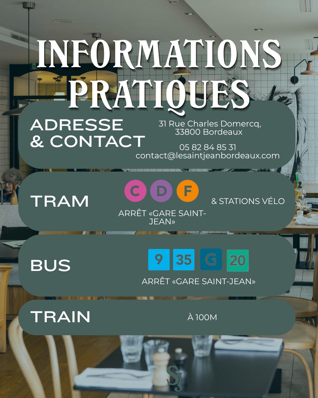 Vous avez plus d’excuse pour ne pas venir. 👀
Le Bistrot Saint-Jean est idéalement situé face gare afin de vous permettre de rejoindre Bordeaux facilement, sans prise de tête.
🚆 La gare Saint-Jean à seulement 100 m
🚋 Le tram à proximité
🚌 Plusieurs lignes de bus accessibles à pied
🚲 Des stations vélo à proximité
Que vous soyez bordelais, de passage pour quelques jours ou simplement à la recherche d’une bonne adresse facilement accessible, le Bistrot Saint-Jean vous attend. ✨
Vous arrivez, vous vous installez… et il ne reste plus qu’à profiter.
#BistrotSaintJean #Bordeaux #GareSaintJean #RestaurantBordeaux #BordeauxCentre #BordeauxMetropole #AccèsFacile #RestaurantBordeaux #SortirABordeaux