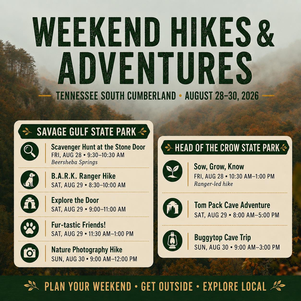🥾 Pack your gear… the weekend is near!
Adventure is waiting this weekend in Tennessee’s South Cumberland! Explore scenic trails, venture into caves, capture nature through your lens, and enjoy ranger-led activities at Savage Gulf and Head of the Crow State Parks.
Choose your adventure, and make this a weekend worth exploring! 🌄
Registration info: https://www.mountainsofadventure.com/event-calendar
.
.
#TennesseeSouthCumberland #ExploreTennessee #WeekendAdventure #TennesseeHiking #SavageGulfStatePark #HeadoftheCrowStatePark
