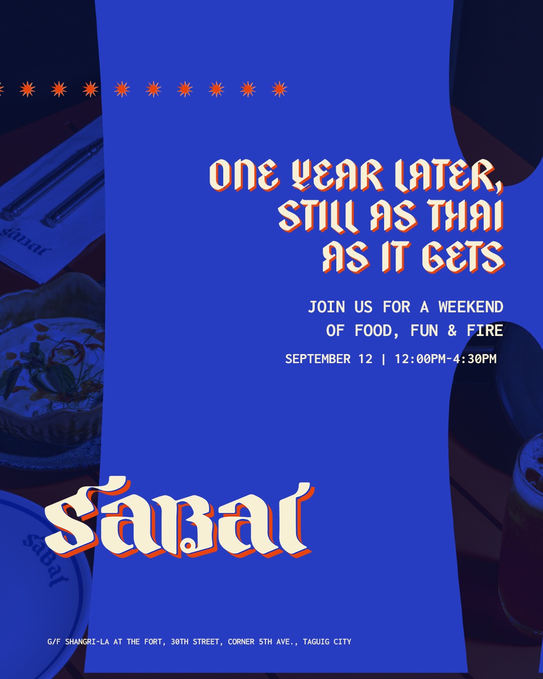 One year later… still as Thai as it gets. 🇹🇭
Sabai is turning ONE, and we’re celebrating the only way we know how with good food, big flavors, a little fire, and plenty of sabai sabai.
Join us on September 12, 12:00 PM–4:30 PM for a day filled with Thai-inspired fun, delicious bites, and anniversary surprises.
Your ticket includes access to our anniversary celebration, Karaoke Room, and Game Room, plus a complimentary Thai Milk Tea.
DM us to buy your tickets or click the link in bio
One year of Sabai. One big celebration. See you there.
#sabai #sabaimanila #BGC