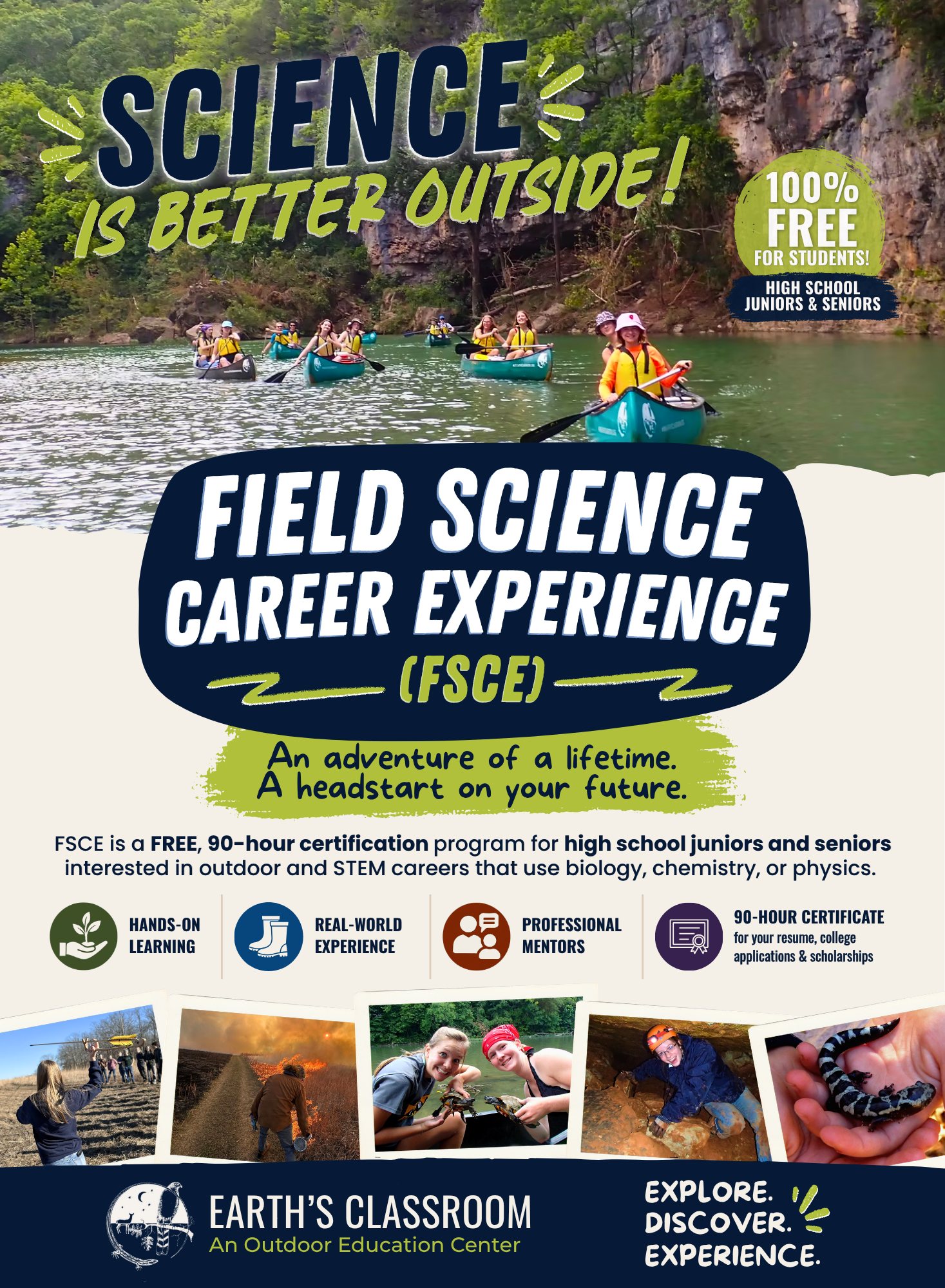 TWO DAYS until FSCE (Field Science Career Experience) applications are due for juniors and seniors in high school! Friday, September 4th by 6pm!
CALLING ALL JUNIORS AND SENIORS! Unique, experiential, adventurous learning, designed to increase your observation skills in science and provide you with a huge boost to your scholarship applications and resume, is completely FREE to take advantage of.
You can see the informational video and online application HERE:
earthsclassroom.org/fsce
Please consider the application as a competition. Earth's Classroom's board of directors score the applications based on how well you express yourselves!