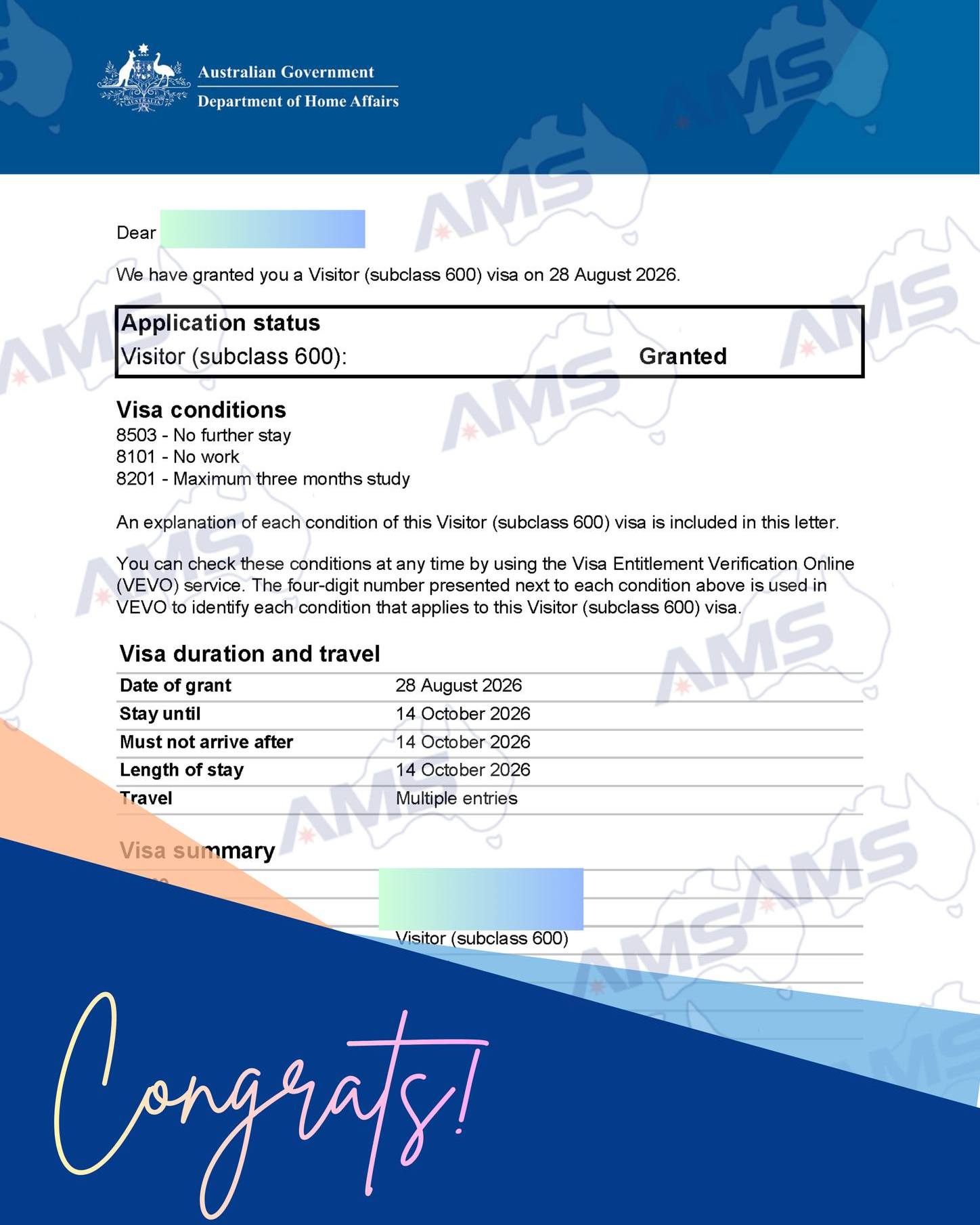 🎉 Another Australian Visitor Visa (Subclass 600) Granted!
Congratulations to our client on the successful grant of their Visitor Visa (Subclass 600) on 28 August 2026!
Planning to visit Australia for tourism, to see family or friends, or for other short-term purposes? A well-prepared application and supporting documents can make an important difference.
At Australia Migration Services, our team can assist you in understanding your visa options and preparing your application based on your individual circumstances.
📩 Thinking about applying for an Australian visa?
Book a consultation with our team today and let us help you understand your next step.
#AustraliaVisa #VisitorVisa #Subclass600 #AustralianVisa #VisaGranted #AustraliaTravel #VisitAustralia #MigrationAustralia #AustralianMigration #MigrationAgent #AMS #AustraliaMigrationServices