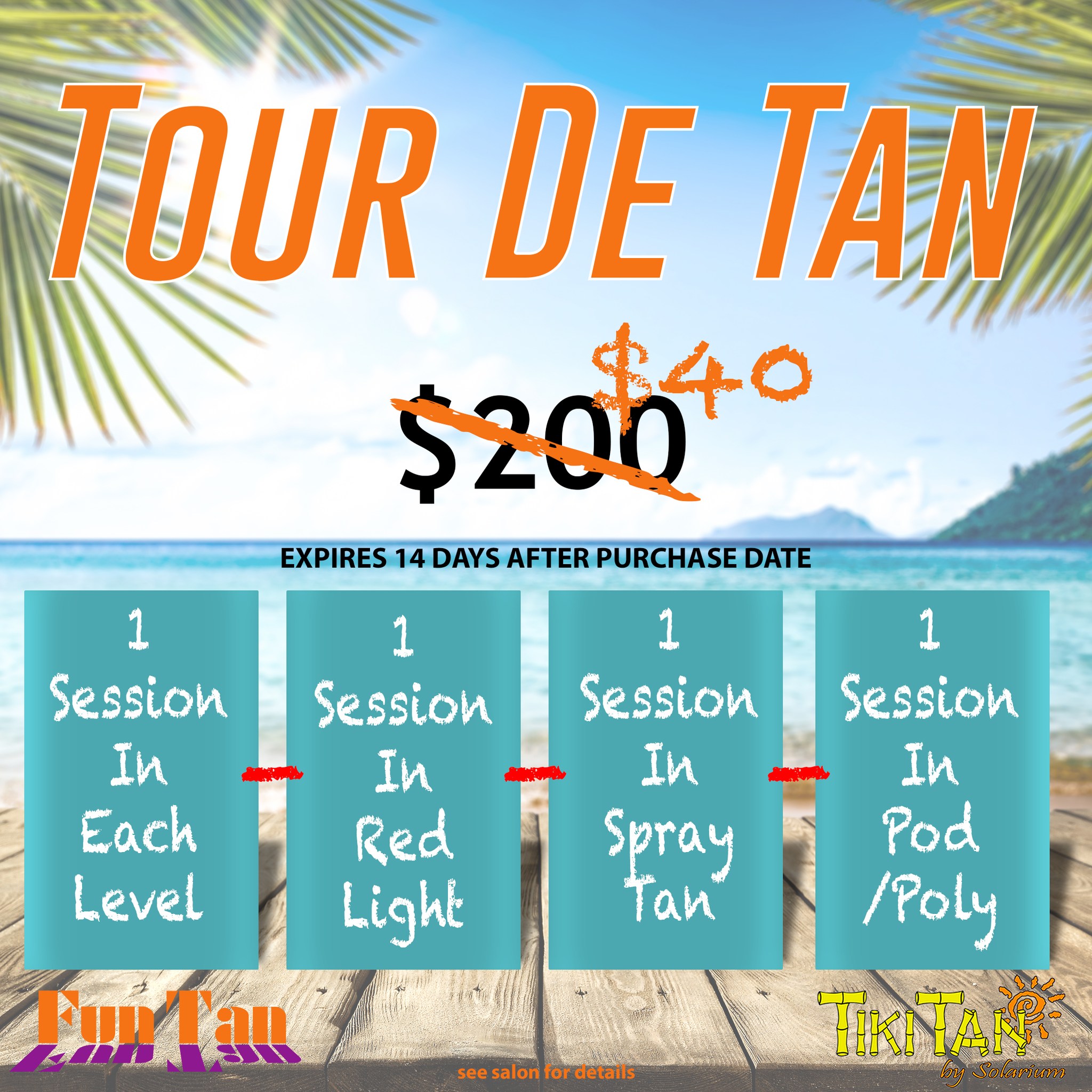 ☀️ TOUR DE TAN IS HERE! 🌴
Get a little bit of everything with our Tour De Tan special! For just $40, you’ll get 8 different sessions to help you tan, glow, and experience more of what Fun Tan & Tiki Tan have to offer:
🌞 1 session in each level UV bed (5 total)
❤️ 1 Red Light Bed session
✨ 1 Light Spray Tan
💡 1 session in your choice of a Sauna Pod or POLY LED Red Light Therapy
All of that for just $40!
Available to purchase September 4–18. Your Tour De Tan package expires 14 days from the date of purchase, so make sure to use those sessions and enjoy the full tour!
Want to take a session up a notch? Sessions can be upgraded to higher levels for an additional cost.
Limit 1 package per client. Package may not be shared. See salon for details.
🌴 Stop in and grab your Tour De Tan while it’s available!