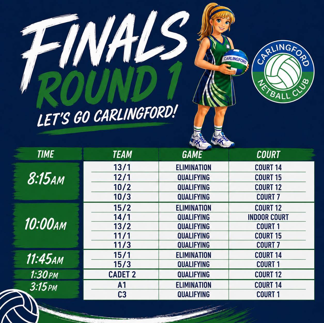 FINALS ARE HERE! ππ
We are incredibly proud to have so many Carlingford teams taking the court for finals this weekend! What an amazing reflection of the hard work, commitment and teamwork shown throughout the season. π
Weβd love to see our Carlingford community out in force! Come down, wear your green and navy/blue, cheer loudly and get behind our teams as they give it their all on court. π£π
Whether youβre playing, coaching, umpiring or cheering from the sidelines, weβre so proud to have you representing Carlingford.
Good luck to all our teams! LETβS GO CARLINGFORD! πππ