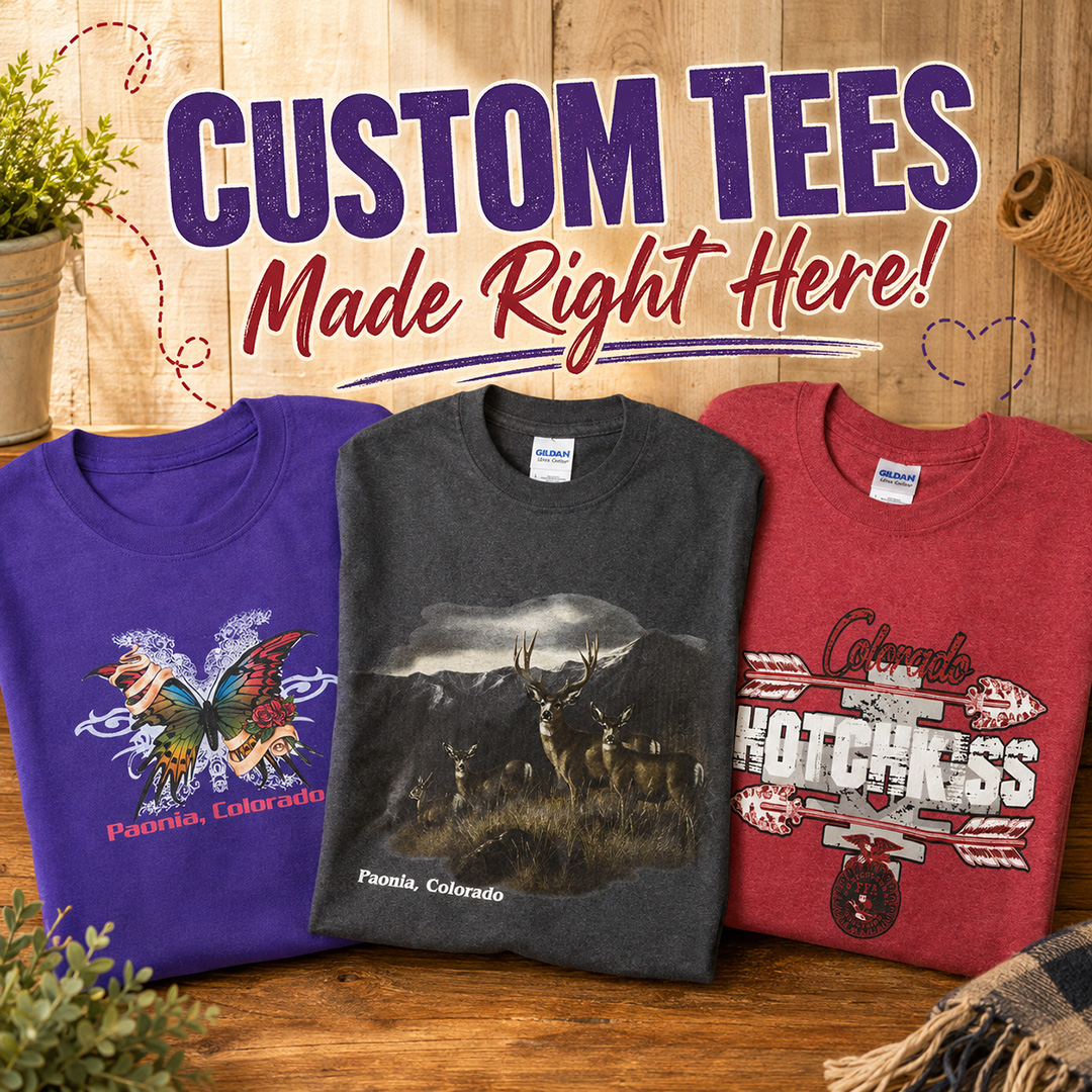 From hometown pride to deer in the wild and even a butterfly with a little attitude, our tees are anything but ordinary! ๐ฆ๐น๐ฆ
These are just a few of the fun shirts weโve created right here at Lasting Impressions. Have an idea of your own? Bring it to us, and letโs put it on a tee!
Because plain shirts are fineโฆbut custom shirts are a whole lot more fun. ๐
๐๐๐ฌ๐ญ๐ข๐ง๐ ๐๐ฆ๐ฉ๐ซ๐๐ฌ๐ฌ๐ข๐จ๐ง๐ฌ
39999 L 75 Road
Paonia, CO 81428
Open: Tuesday - Friday 9 a.m. - 3 p.m.
Saturday 9 a.m. - 12 noon
Closed: Sunday and Monday
Phone: (970) 527-3211
๐ฆ๐๐ข๐ฃ ๐๐ข๐๐๐!