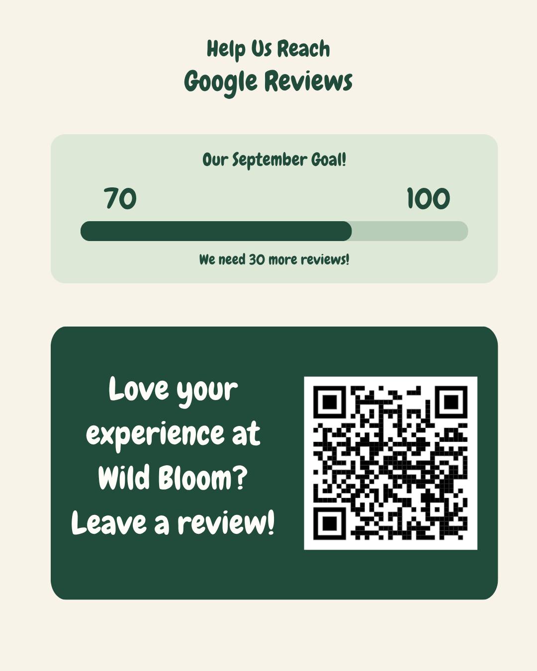 🌿 Help Us Reach 100 Google Reviews! 🌿
We have a BIG goal for September, and we’d love our Wild Bloom community to help us get there! 🤎
We’re currently at 70 Google reviews, and our goal is to reach 100 by the end of September! 🎉
If you’ve been part of the Wild Bloom family and have enjoyed your experience with our doctors and team, we would be so grateful if you took a few minutes to share your experience on Google.
Your reviews mean so much to our small practice. They help us know what we’re doing well, help our team feel appreciated, and most importantly, help other families in our community find us when they’re looking for prenatal, pediatric, and family wellness care. 🌿
70 → 100. Let’s see if we can do it! 🙌🏼
Leave us a Google review here:
https://share.google/hEPsi05yl7CwRJJlD
Thank you for trusting Wild Bloom with your family’s care and for helping our little practice continue to grow. We appreciate you more than you know! 🤎
.
.
.
#wildbloomchiro #gallatintn #sumnercounty #chiropractic #chiropractic #review #goal #september #google