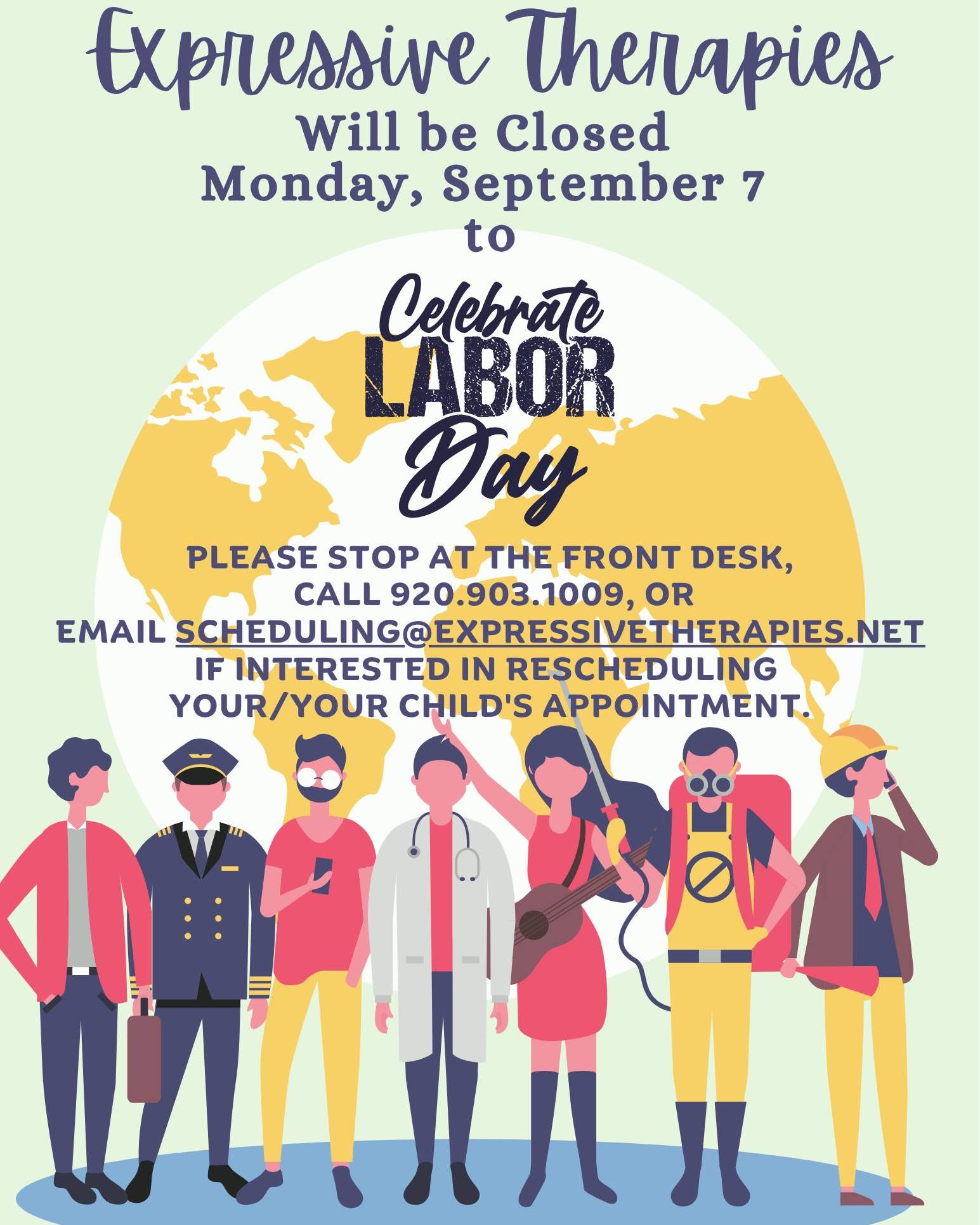 We will be closed next Monday, September 7th in observance of Labor Day. Please call or email our scheduling team if you are interested in rescheduling your or your child's appointment.
#expressivetherapiesllc #laborday #officeupdate