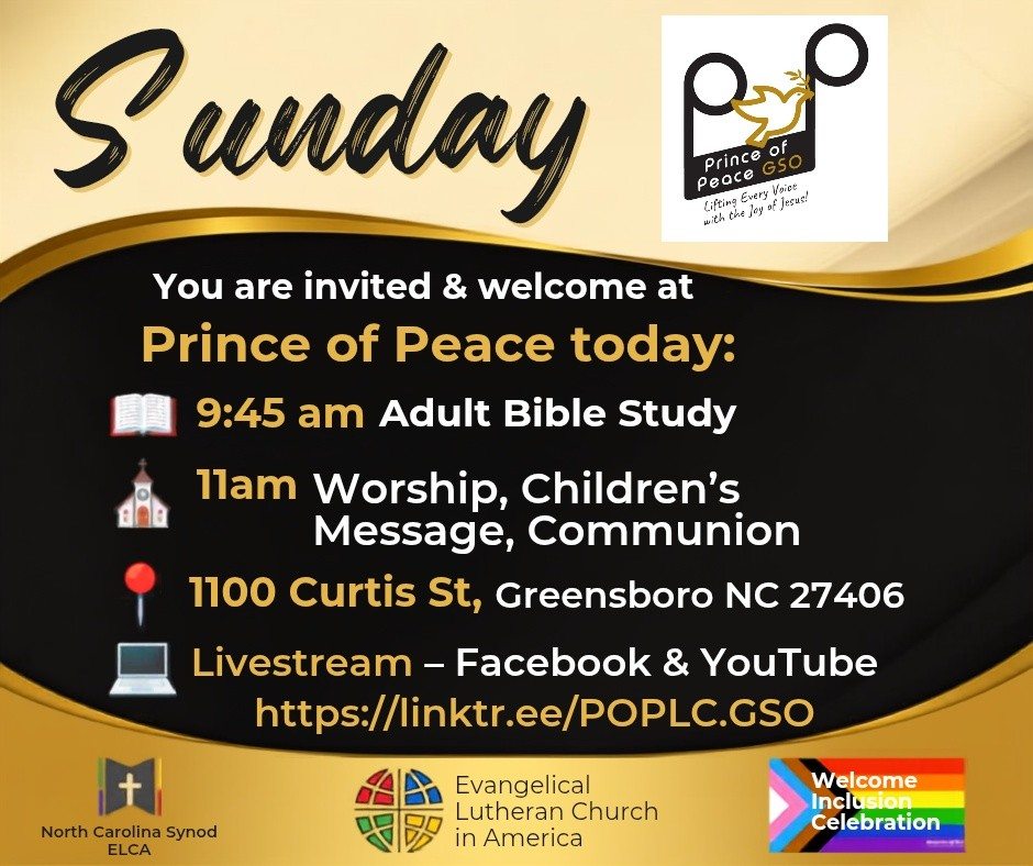 Prince of Peace today:
📖 9:45am Adult Bible Study
✝️ 11am Worship, Children's Message, Communion (on site and online)
➡️ 1100 Curtis St Greensboro 27406
🖥️ Livestream - Facebook & YouTube
You will find the bulletin and lessons at the linktree in bio.
#lifteveryvoicewiththejoyofjesus