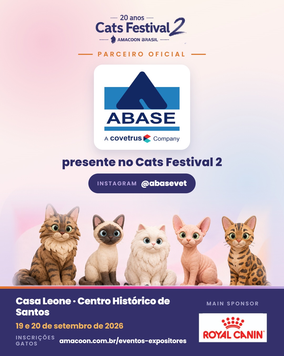 *Nosso agradecimento à ABASE – a Covetrus Company, parceira oficial do Cats Festival 2.*
Contar com a ABASE ao nosso lado reforça a proximidade do evento com empresas que fazem parte do dia a dia da medicina veterinária e do cuidado com os animais.
Sua participação acrescenta ainda mais valor ao Cats Festival 2 e aproxima profissionais, criadores, expositores e público de uma empresa presente no setor veterinário.
Agradecemos à @abasevet pela parceria, pela confiança em nosso trabalho e por fazer parte da celebração dos **20 anos da AMACOON Brasil**.
**19 e 20 de setembro de 2026**
Casa Leone — Centro Histórico de Santos
**ABASE – a Covetrus Company, presente no Cats Festival 2.**
Quem ainda não inscreveu seu gato, CORRE LÁ!
Leia o convite técnico e como inscrever seu gato em:
http://www.amacoon.com.br/eventos-expositores
Estamos com SAUDADES de TODOS vocês!
#gato #amordequatropatas #catlover #gatosexoticos
#CatsFestival2 #Amacoon20Anos #ExposiçãoDeGatos #FIFe #Santos #gatosengraçados #gatosfofos #gatosdobrasil #royalcanin #royalcaninbrasil #expogatospraia #catsfestival #amacoon_brasil #amacoon #gatosdeinstagram #catracalivre #baixadasantista #cidadedesantos #animaisdeestimação