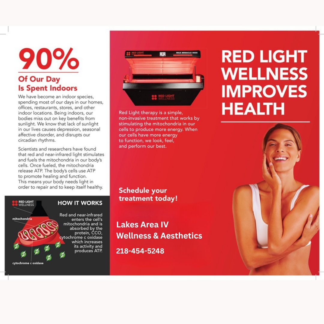 🔴 NOT ALL RED LIGHT BEDS ARE CREATED EQUAL.
Seeing red lights doesn’t necessarily mean you’re getting the same red light therapy. The wavelengths, number of LEDs, intensity, coverage, and dose of light all matter.
At Lakes Area IV Wellness & Aesthetics, we invested in the Red Light Wellness Max Miracle 9600—a professional full-body photobiomodulation system.
⚡ 3,200 powerful LEDs
⚡ 9,600 watts of therapeutic output
🔴 625–670 nm Red Light
🔴 830–910 nm Near-Infrared Light
✨ 360° head-to-toe coverage
⏱️ Full-body sessions in just 8–15 minutes
Why two wavelength ranges? Red light is commonly used to support skin health and collagen production, while near-infrared wavelengths penetrate deeper and are used to support muscles, joints, circulation and recovery.
Regular red light therapy helps support:
✨ Skin health & collagen
💪 Muscle recovery
🦴 Joint comfort & mobility
🔥 A healthy inflammatory response
⚡ Cellular energy & mitochondrial function
🩸 Circulation
😴 Sleep & overall wellness
Don’t just look for a bed that glows red. Look at what’s actually behind the light. ❤️
Come experience the Max Miracle 9600 for yourself.
📲 Book your Red Light Wellness session at Lakes Area IV Wellness & Aesthetics.
Call or Text 218-454-5248
#RedLightTherapy #Photobiomodulation #brainerdlakesarea #Recovery #LakesAreaIVWellness