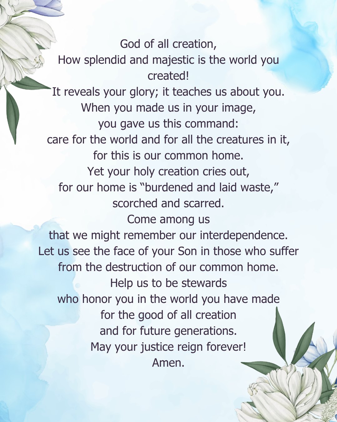 Today is the World Day of Prayer for the Care of Creation. Pope Leo announced that this year's theme is "They shall beat their swords into plowshares and their spears into pruning hooks" (Is 2:4). St. Ignatius of Loyola asks us to see God in all things. May we contemplatively look at the natural world with reverence and awe, and strive to protect all of creation from destruction, war, and indifference.
Prayer: https://www.usccb.org/prayers/care-gods-creation-prayer
#ignatianspirituality #careforcreation