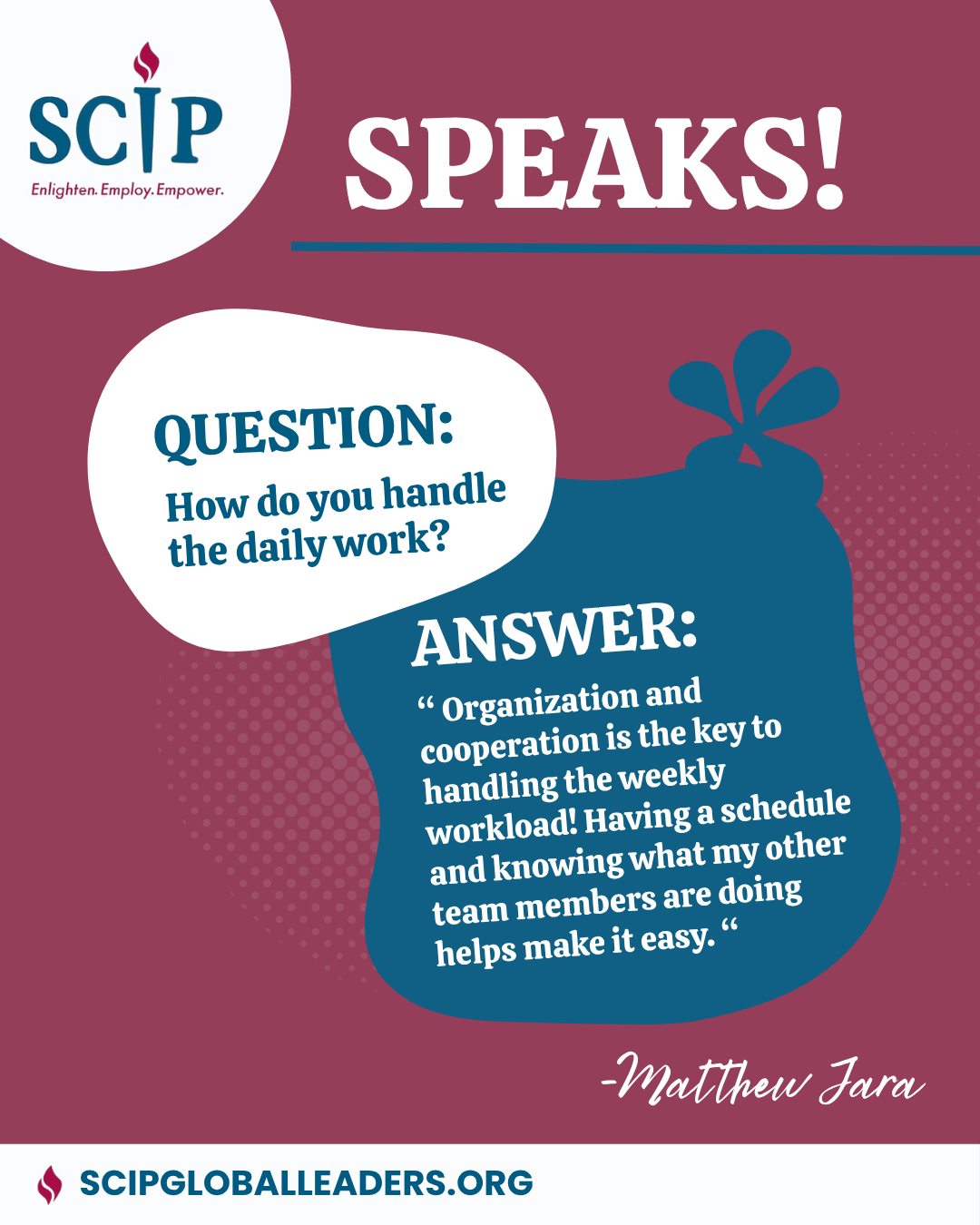 Ever wonder how to manage the daily workload? πΌ
Organization and cooperation are essential for tackling daily work! SCIPβs 2026 Summer Intern, Matthew Jara, shares how having a schedule and staying in sync with team members makes everything smoother.
π Follow @@scipleaders on Instagram and Facebook to learn more about SCIP!
#SCIP #SCIPGlobalLeaders #SpeakSaturday #SCIPSpeaks #ProductivityTips #Teamwork #Organization #Efficiency