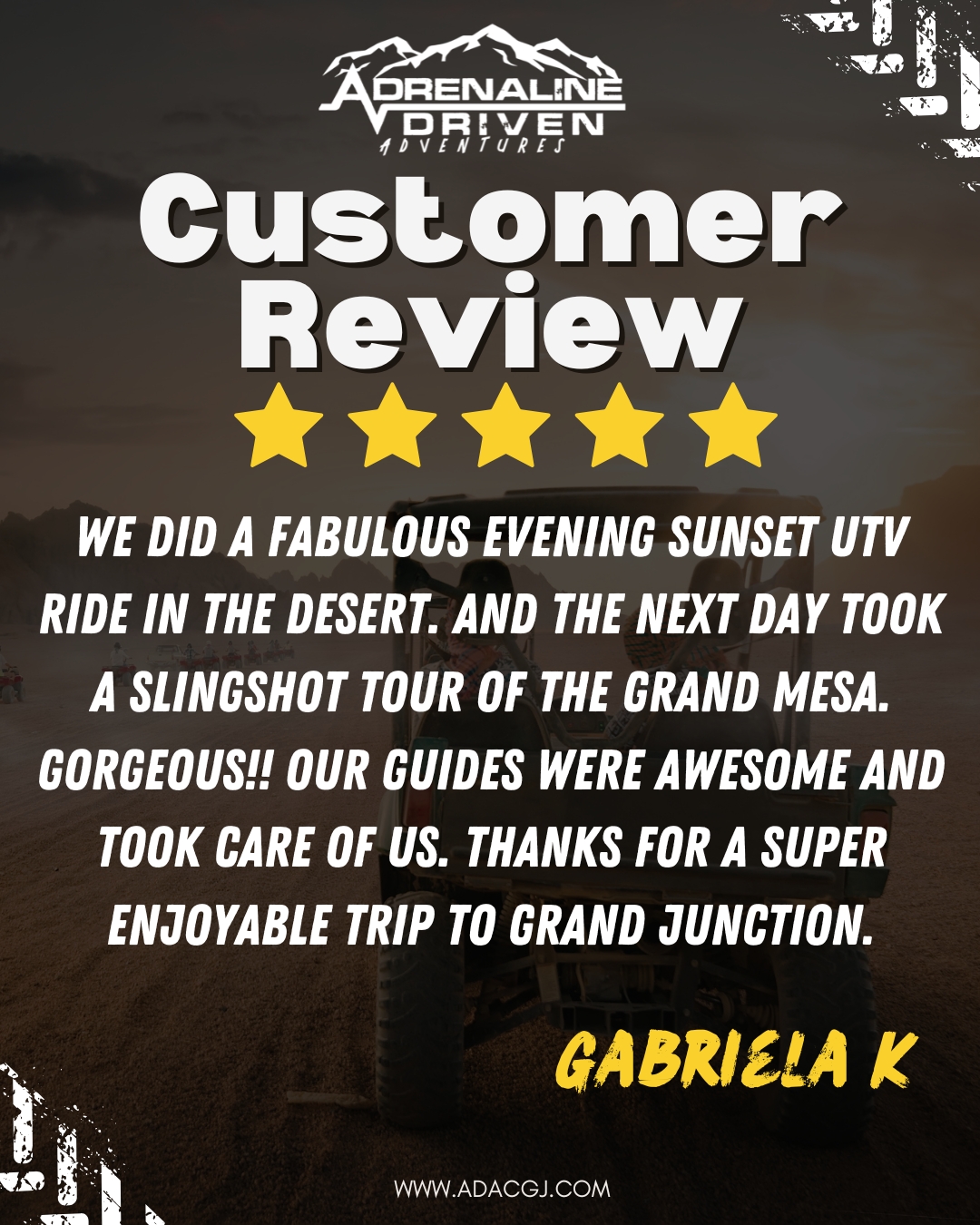 Thank you so much, Gabriela! ⭐⭐⭐⭐⭐ We’re so glad you enjoyed the sunset UTV ride and Grand Mesa tour. It was a pleasure having you with us, and we truly appreciate your kind words about our guides. We hope to see you again on your next adventure! 🤙🏔️